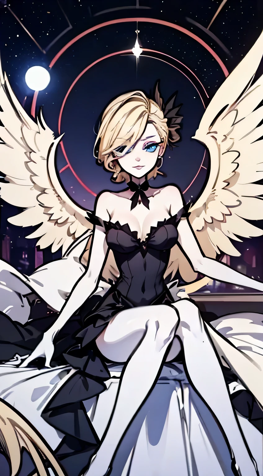 Hazbin hotel oc, beautiful arch angel, six wings, blonde, blue eyes. Mature woman, 1 girl
