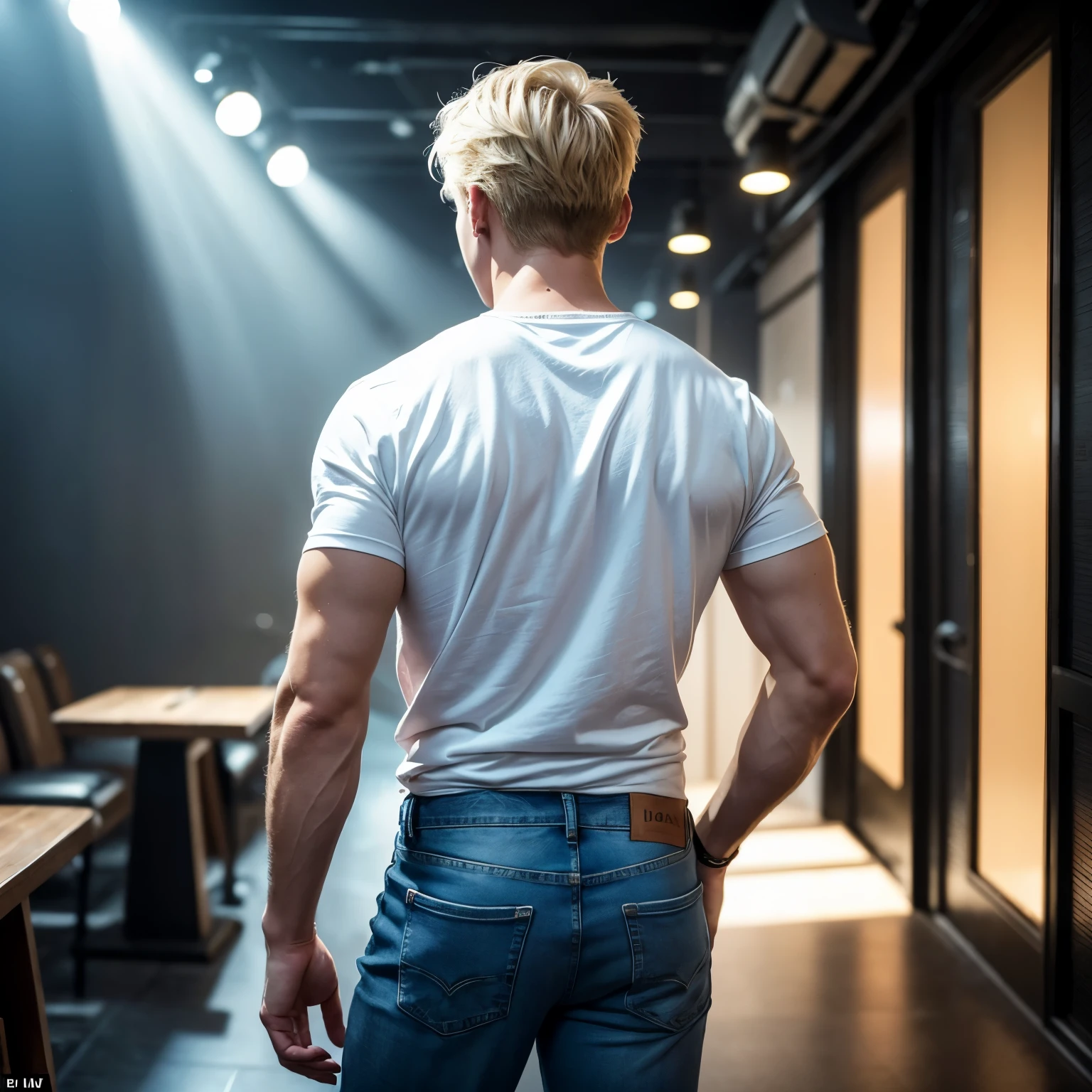 (best quality: 1.8,) realistic candid photo of a handsome young man, blond of European appearance, very strong build, with short hair, in a white T-shirt and denim trousers, (eye detail: 1.10), cinematic lighting, he stands with his back against the background of a nightclub, the light falls on him, bright colors, 8