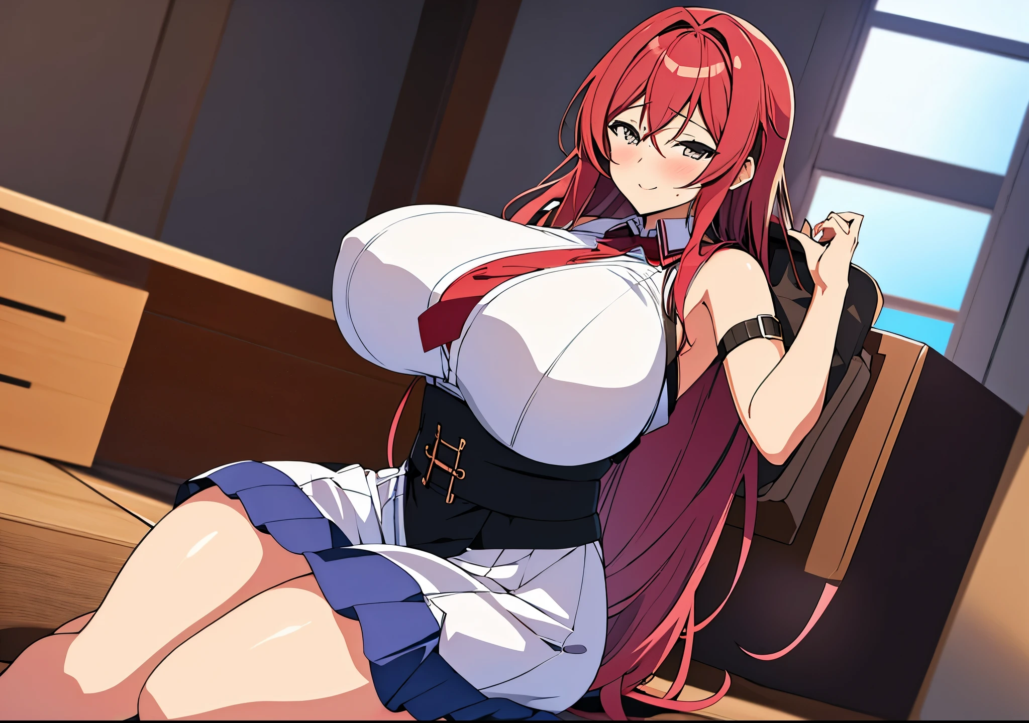 Anime girl with big breasts alone sitting on the floor in a room, Oppai, seductive anime girl, , big breasts!!, big breasts!, covered breasts and sfw, with big breasts, anime girl is squatting, thick, with big breasts , a hyperrealistic , Ecchi, [4k digital art]!!