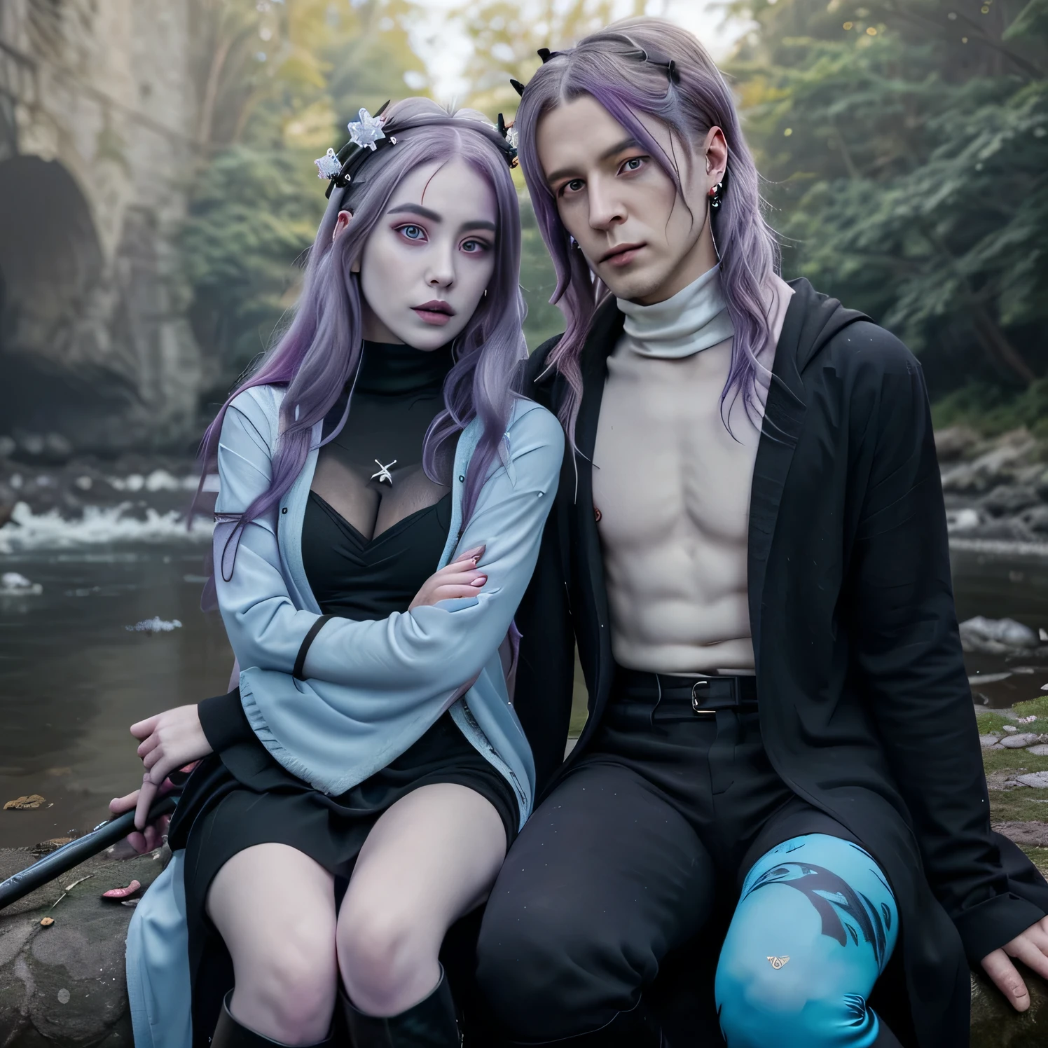 animated drawing, two people sitting together, lulu mizore, pale skinned man, light purple hair, magenta eyes, black turtleneck undershirt, white shirt, blue cardigan, flower crown, black pants, looking at pale skinned woman next to him, long wavy black hair with light blue streaks, left green eye, right purple eye, black rings and earrings, grim reaper, tattered cloak, short black princess dress with blue lining, knee high boots, cyberpunk scythe, sitting against a tree, underworld, next to a river, panda ghosts floating nearby