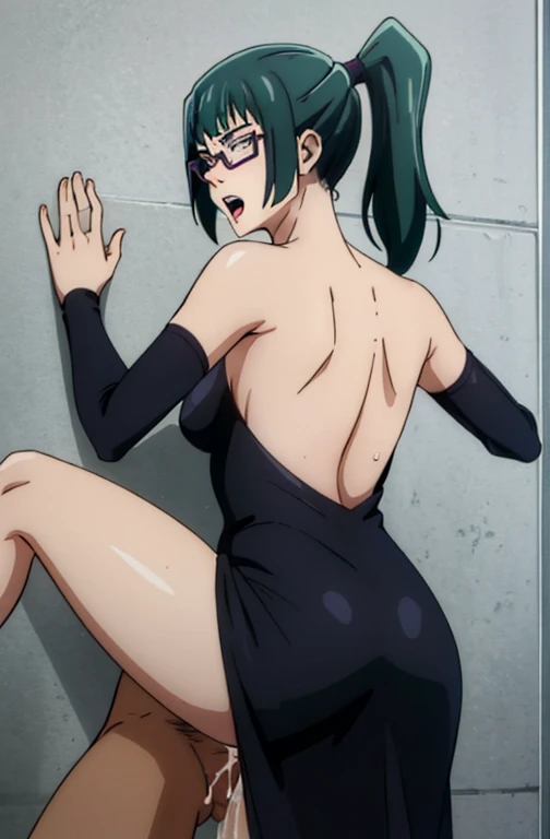 MakiZenin, 1girl, perfect, beautiful, lnd_woman, lnd_body, posing, standing against the wall, front, sexy long black dress with lots of cleavage, ponytail, [(green hair:1.1):2] eyewear, bathroom stall, fucked full nelson against the wall, open mouth, masterpiece, high quality, expressive eyes, defined eyes, sex with maki zenin, orgasm, creampie, riding dick, man fucking woman, man fucks maki hard till she cums, best sex ever, back showing, orgasmic sex, one leg up