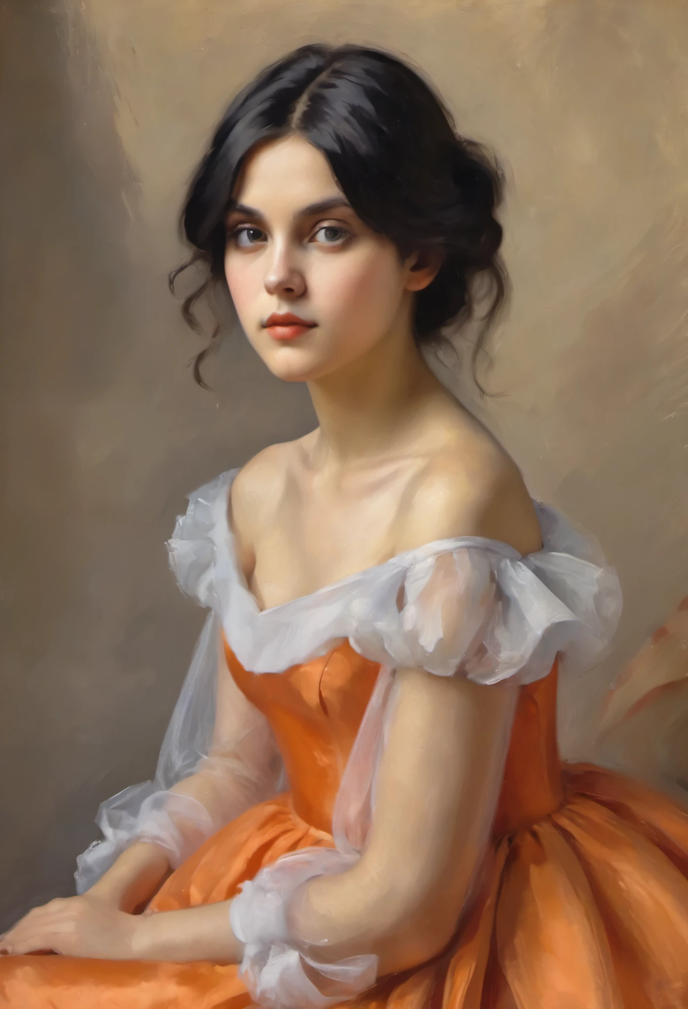 a young girl with styled black hair, big eyes, in a blue satin dress with tulle sleeves (Zinaida Serebryakova style) aesthetically pleasing, smiling ((Zinaida Serebryakova style)), difficult, Extreme detail, Complex key, aesthetically pleasing, ((Single shot)), ((Best quality)), ((masterpiece)) , ((realistic)), (Perfect), 8 k, Impressionism: 0.2 обоев Full HD