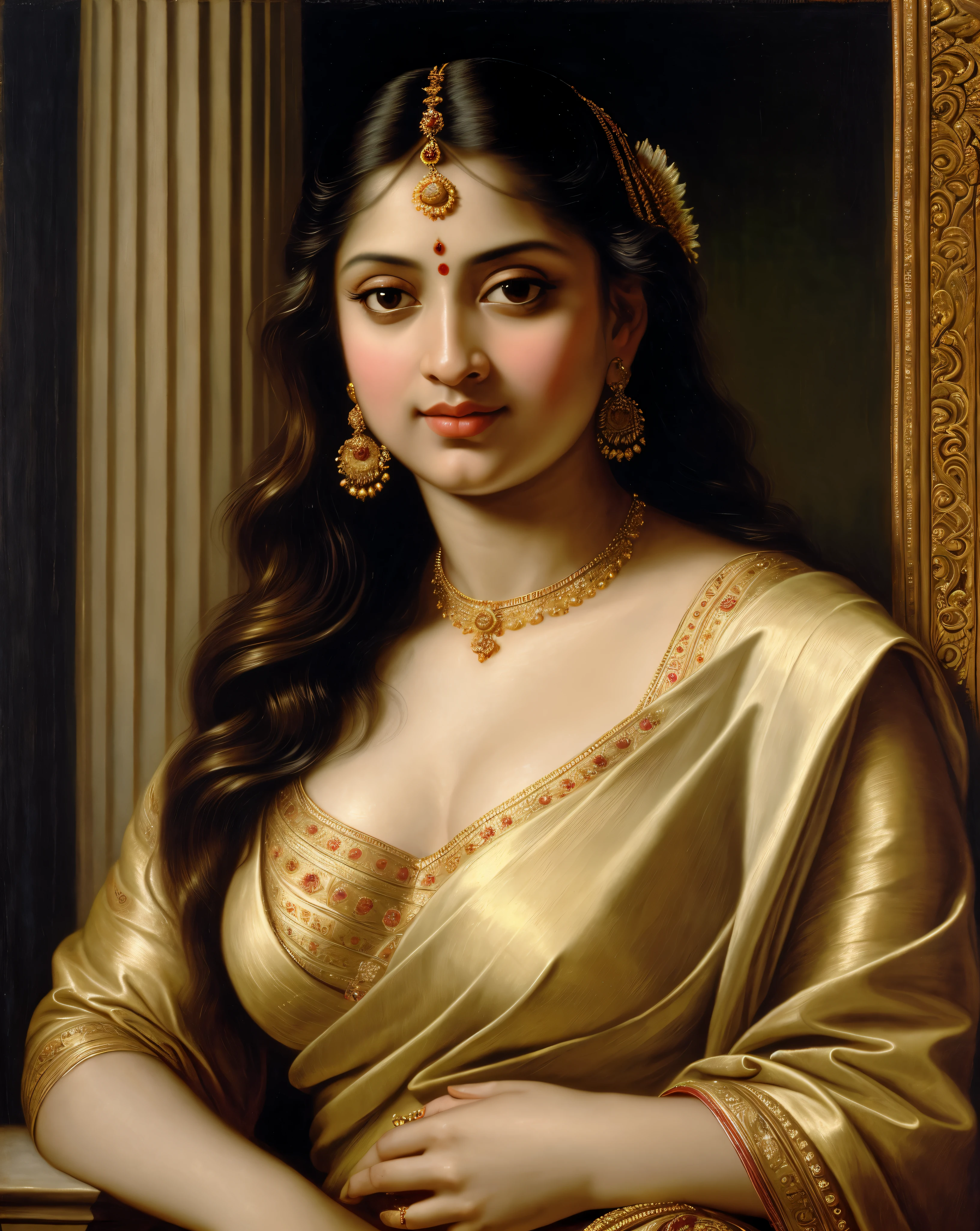 Beautiful Indian Woman, wearing saree, sari Beauty, gorgeous, Apsara, Maharani, royal queen woman, nymph from Hindu Mythology, Urvashi, matchless beauty, Highly detailed, Oil Painting by Peter Paul Rubens inspired by Raja Ravi Varma, Matchless beauty, captivating, gorgeous, heavenly beauty, celestial beauty, by Peter Paul Rubens, 13, realistic, hyper realistic, micro details, incredible artwork, insane details, ultra High resolution, 8k, 32k, acrylic on canvas, intricate, flawless, detailed, detailed face, detailed eyes, masterpiece, by Peter Paul Rubens, by Caravaggio, by William Adolphe bouguereau, perfect face, perfect body, beautiful art, realism, baroque, renaissance Art, highly textured, beautiful and detailed eyes, uhd, best quality,
