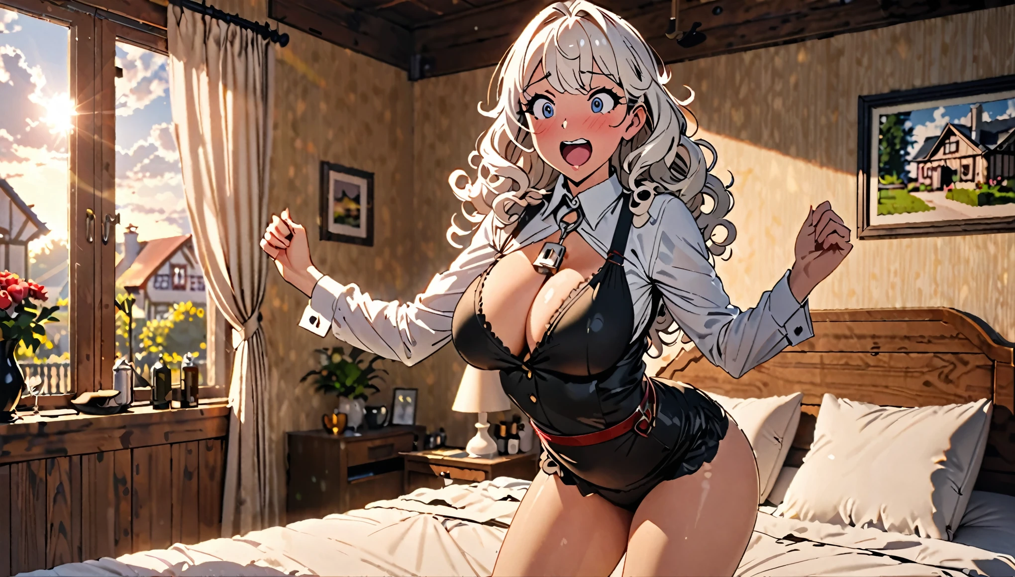 Woman, White Hair Curly, Waiter girl, Milf, Sexy, BDSM, Lock, Submissive, Excited, Wake up, Bed, Morning, House, High details, 4K, Masterpiece