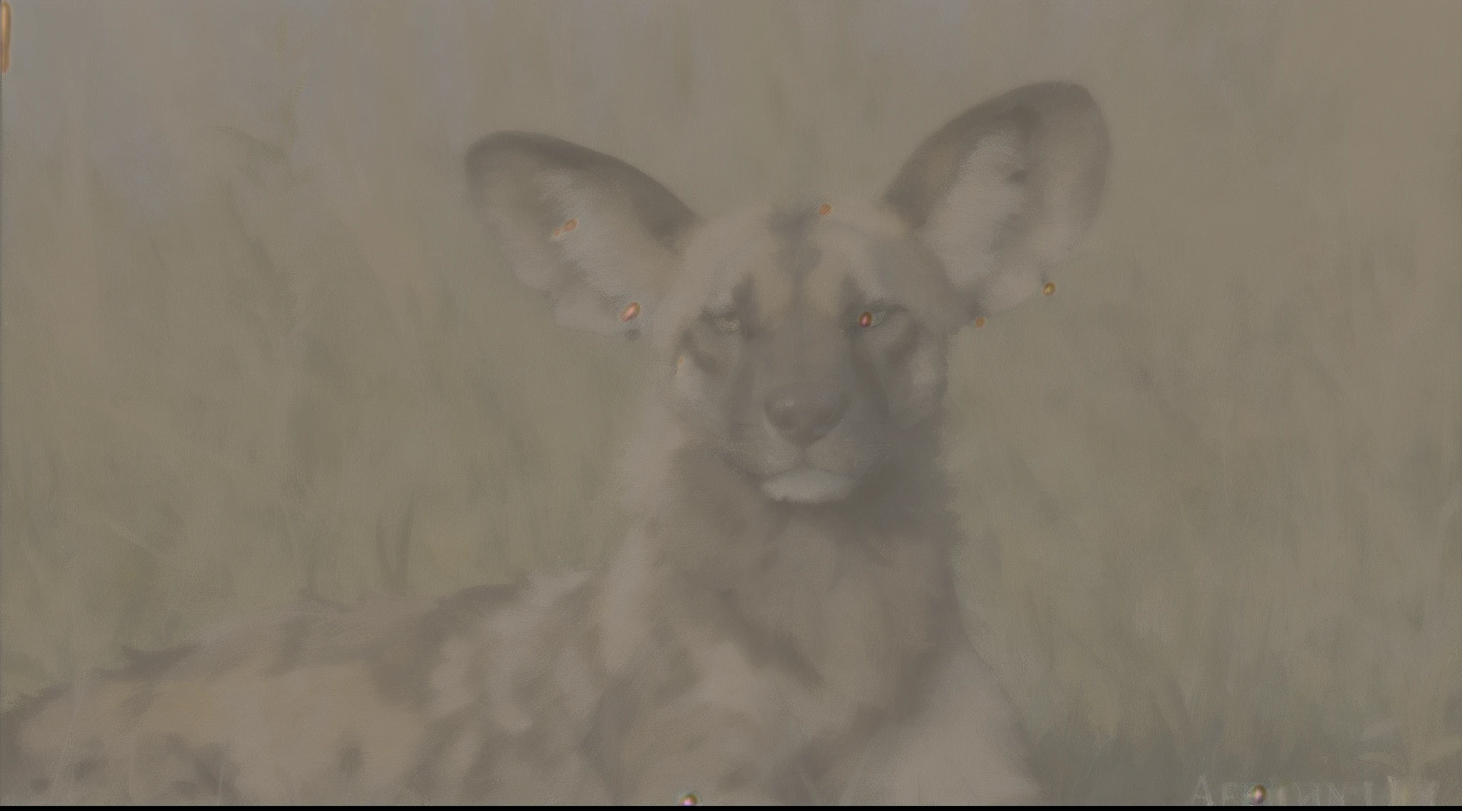 a wild dog lies in the grass, african painted dog, African wild dog sitting!, still from nature documentary, portrait shot, Jürgen von Hündeberg, A still from a documentary about nature, stunning visual effect, A stunning sight, smug look, proud looking, 1 0 8 0, 1080P, intense look