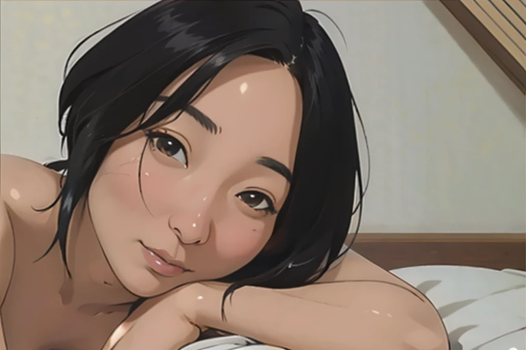 Risa, black haired japanese girl, sitting nude in shower, ((small breasts)),  cute, beautiful, realistic style, highly detailed, 4k, looking to right,  body from the side, knees up to chest (((3/4 face view close-up))), ((golden ratio, center frame)), (((RISA))), ((NUDE))