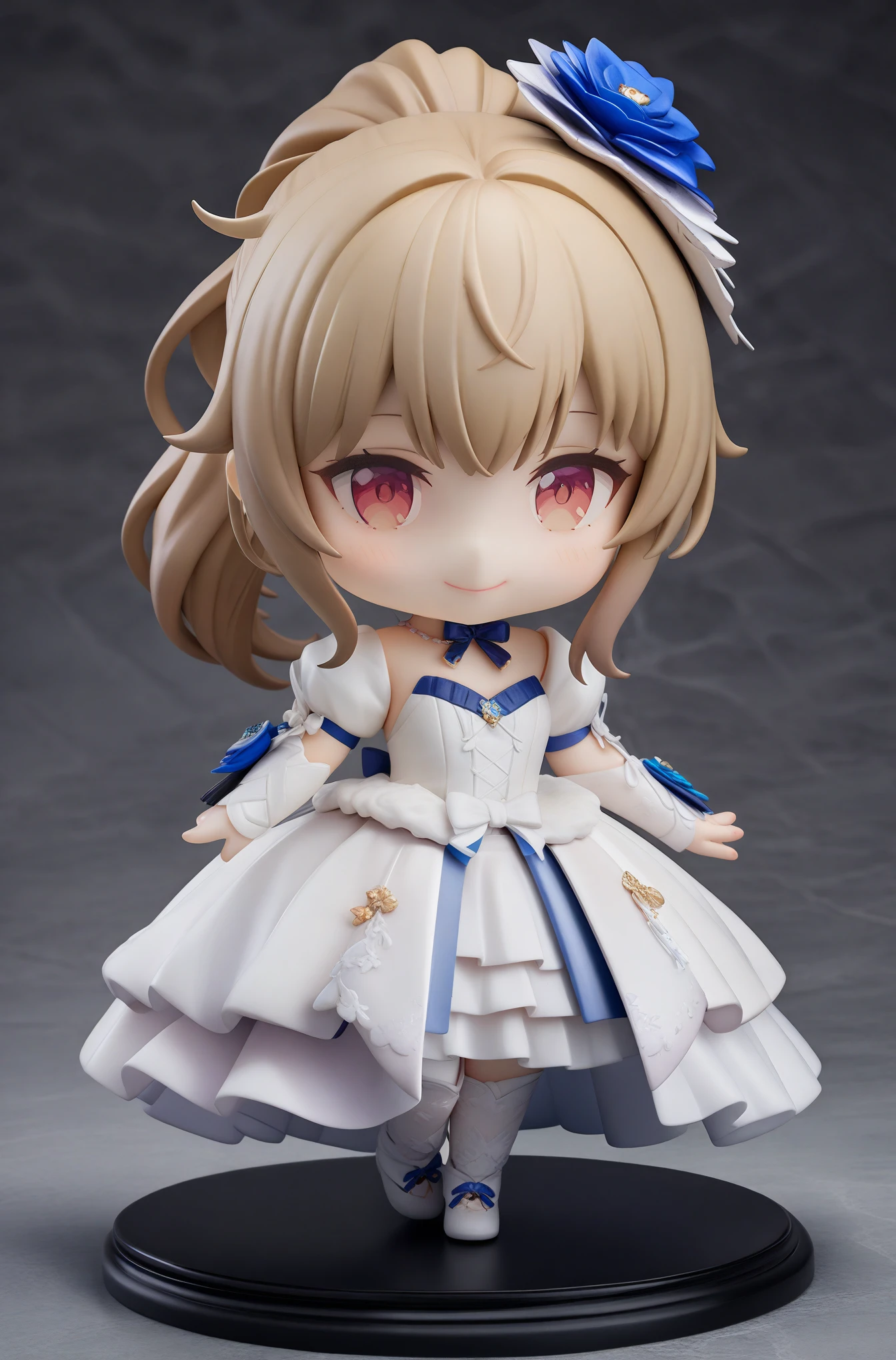 (Cute Japanese female chibi figure)、(chibi:1.6)、(bangs)、ponytail、Wedding dress、(smile)、(High resolutionCG 8k壁紙)、(very delicate and beautiful)、(masterpiece) 、(highest quality:1.0)、(超High resolution:1.2)、beautiful lighting、realistic shadow、(High resolution)、skin detail、super detail、(colorful)、High realism、photo quality