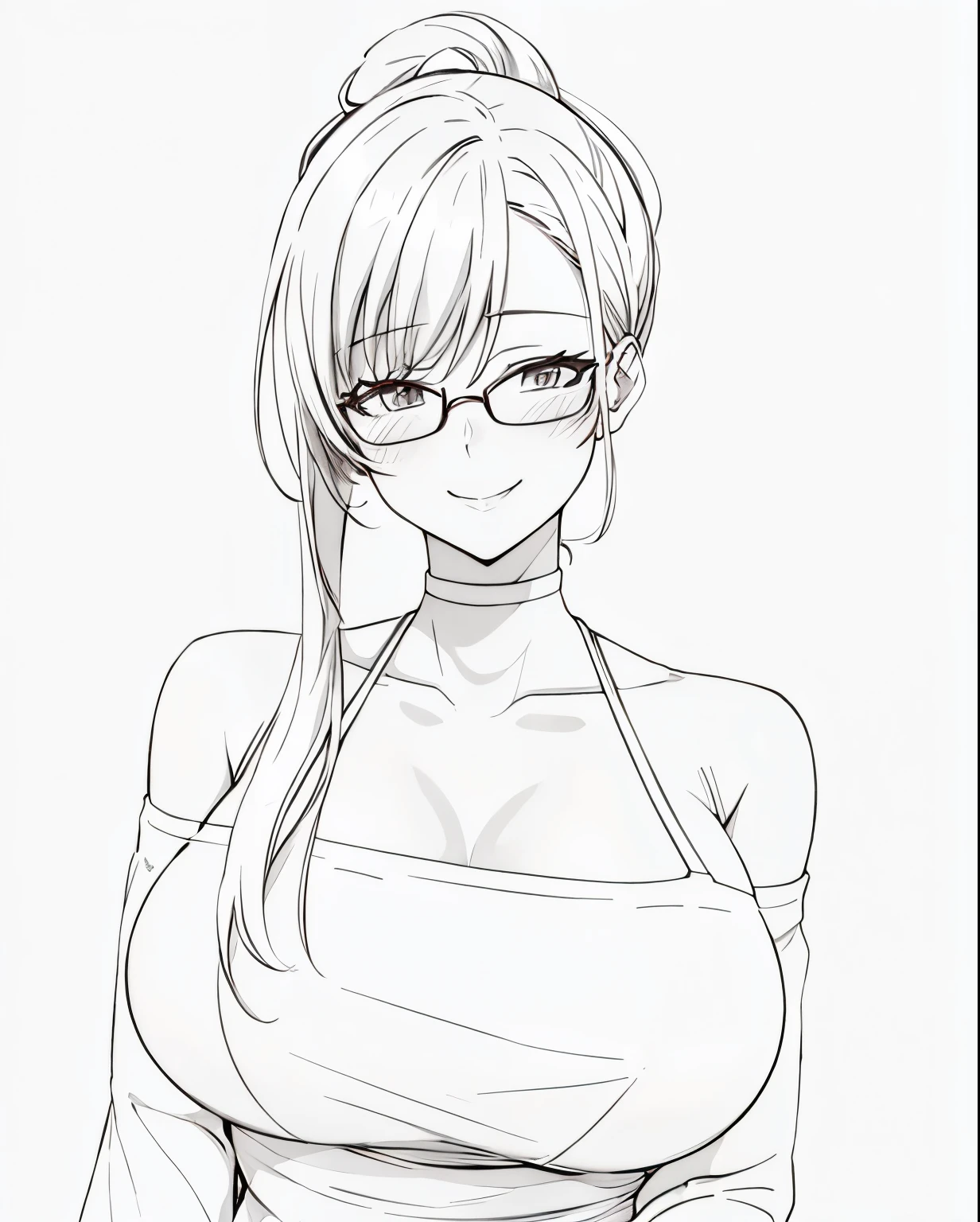 1 milf, ponytail hair, very big breasts, wearing glasses, smiling lewdly, blushing