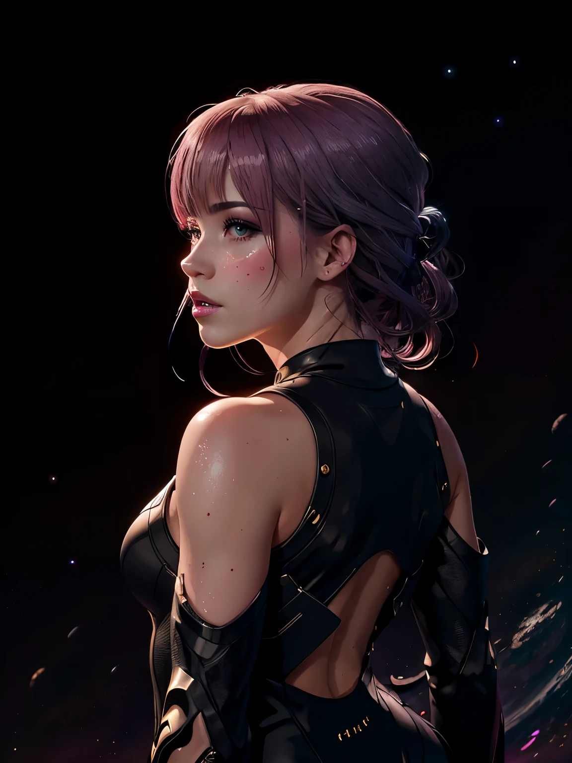 (best quality, sketch:1.2), epic realistic,(ultra details ayes),illustrator,anime,1 girl, detailed lips,custom, gradient background,neon hair,textured cropping, masterpiece, anime, a woman standing looking at a black hole, fantasy world, trending on art station, space art, dreamy psychedelic anime, beautiful anime scene, anime epic artwork. anime, photo picture poses, average height