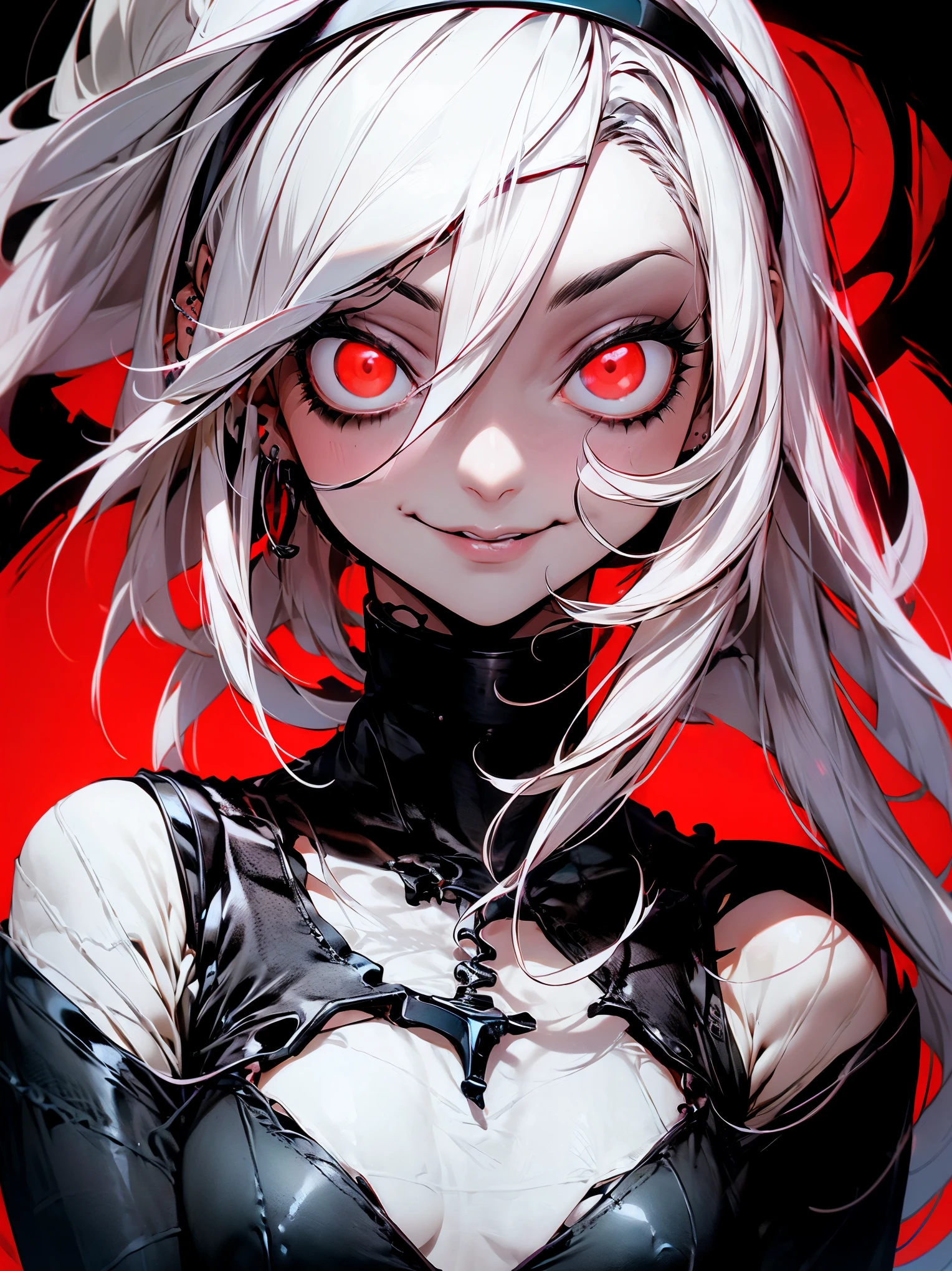 Beautiful young white-haired girl with piercing red eyes, half smile with full lips, black nails, barbed wires everywhere(coiled black barbed wires)