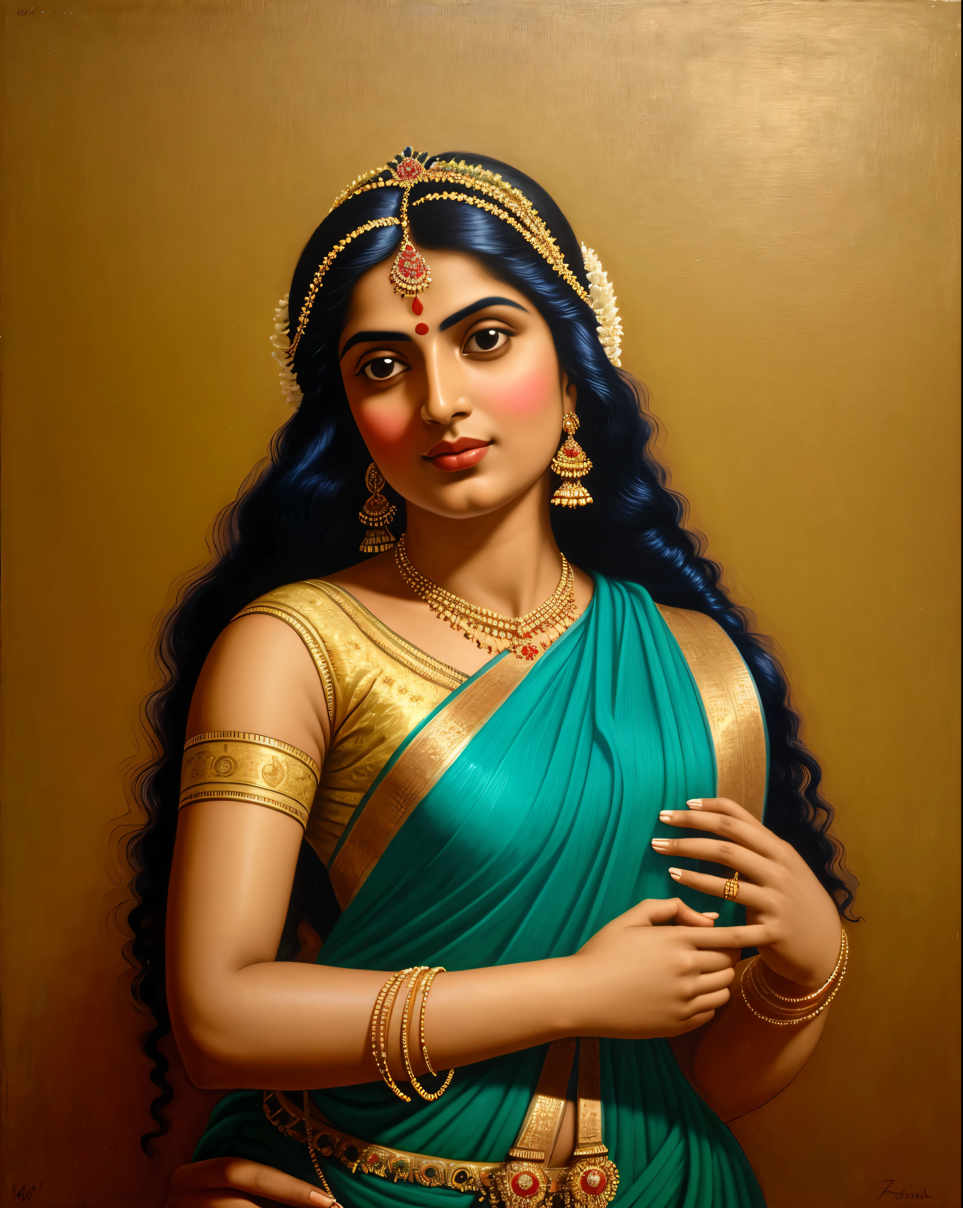 Masterpiece, painting of a woman in a blue dress with a red top and gold jewelry, inspired by Raja Ravi Varma, portrait of a beautiful goddess, by Raja Ravi Varma, a stunning portrait of a goddess, szukalski ravi varma, traditional beauty, indian goddess, beautiful goddess, portrait of modern darna, portrait of a goddess, goddess portrait, perfect body, proportional body, perfect body posture, masterpiece, Indian sensibility, exotic Indian art,