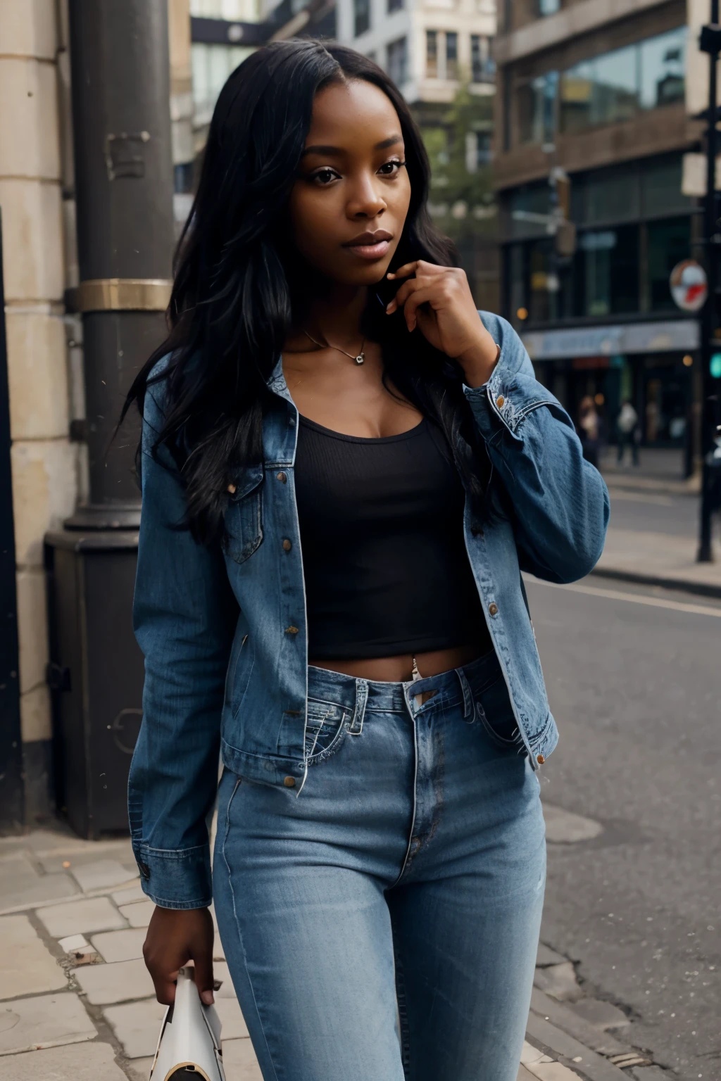 African Girl,sexy,long black hair, shirt, blue jeans, jacket, London