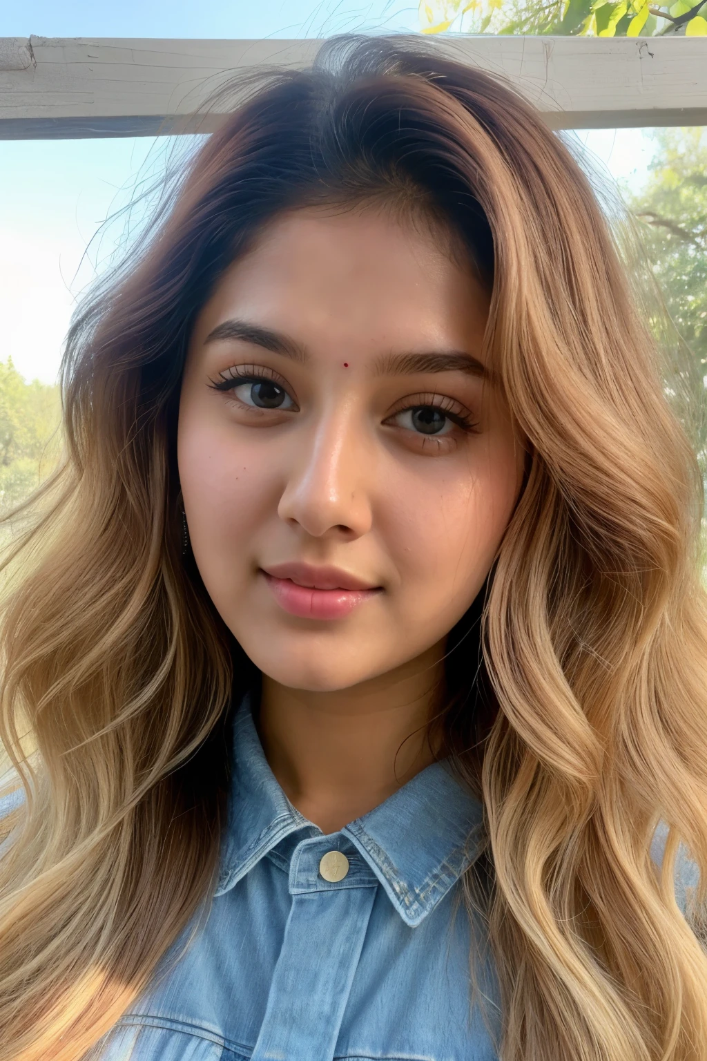 ((best quality)), ((masterpiece)), (detailed), perfect indian girl blonde skin
color texture and face , face-cut of nancy momoland , best jwellery,
black long wavy hair