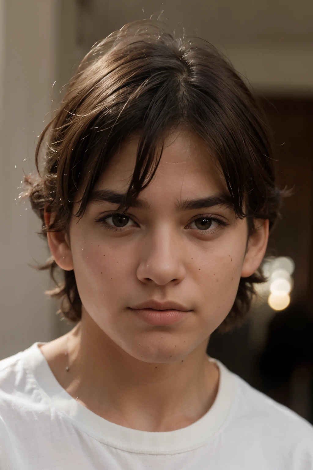 hombre, 14 years, rubio, ojos marrones, rulos, muy realista, sentado, mirando