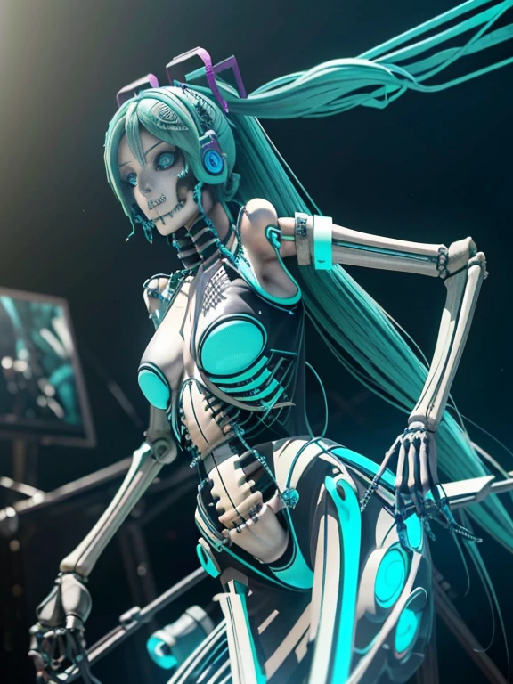 a bad miku hatsune in a futuristic suit with a ((skeleton body)), ((which it integrates)), cybernetic, cyberpunk crystal art, anime computer art, detailed eyes,green aqua hair, blue eyes, (highly detailed skin:1.2), (realistic lighting:1.1), (realistic shadows:1.1), ((best quality)), (detailed), 8k uhd