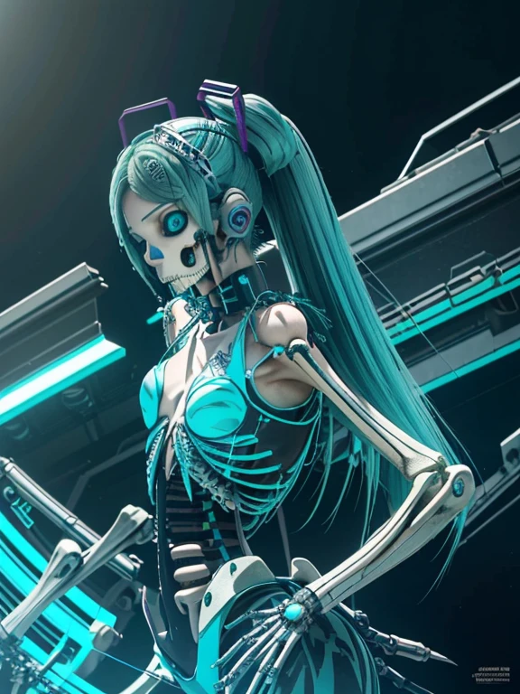 a bad miku hatsune in a futuristic suit with a ((skeleton body)), ((which it integrates)), cybernetic, cyberpunk crystal art, anime computer art, detailed eyes,green aqua hair, blue eyes, (highly detailed skin:1.2), (realistic lighting:1.1), (realistic shadows:1.1), ((best quality)), (detailed), 8k uhd