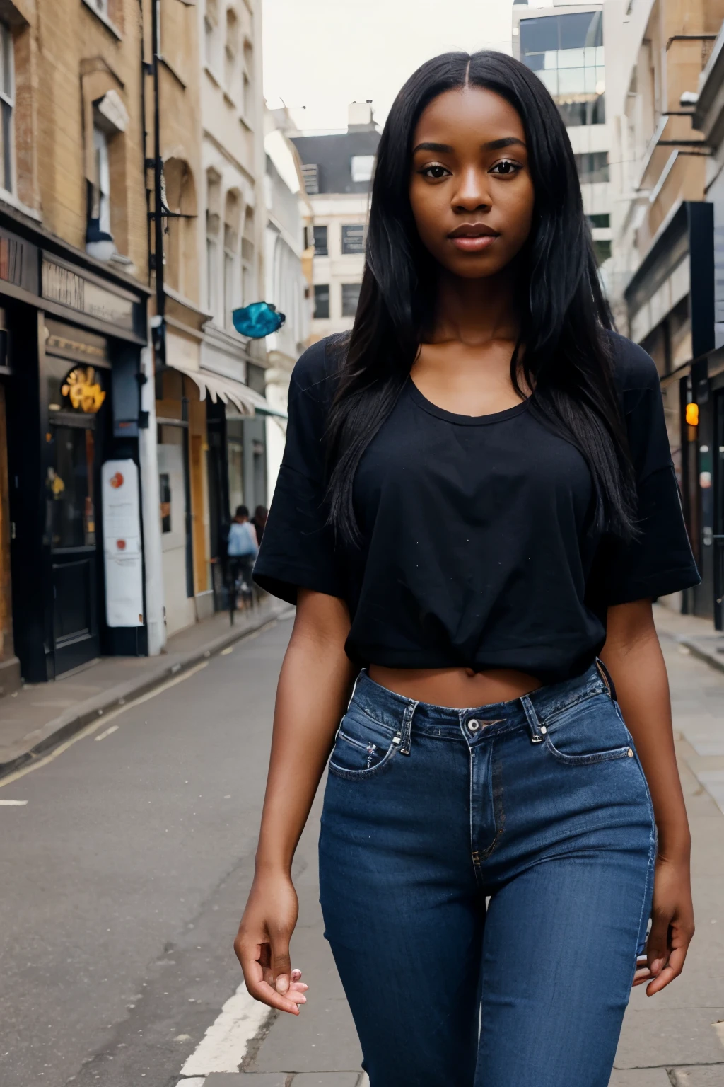 African Girl,sexy,long black hair, shirt, blue jeans, London