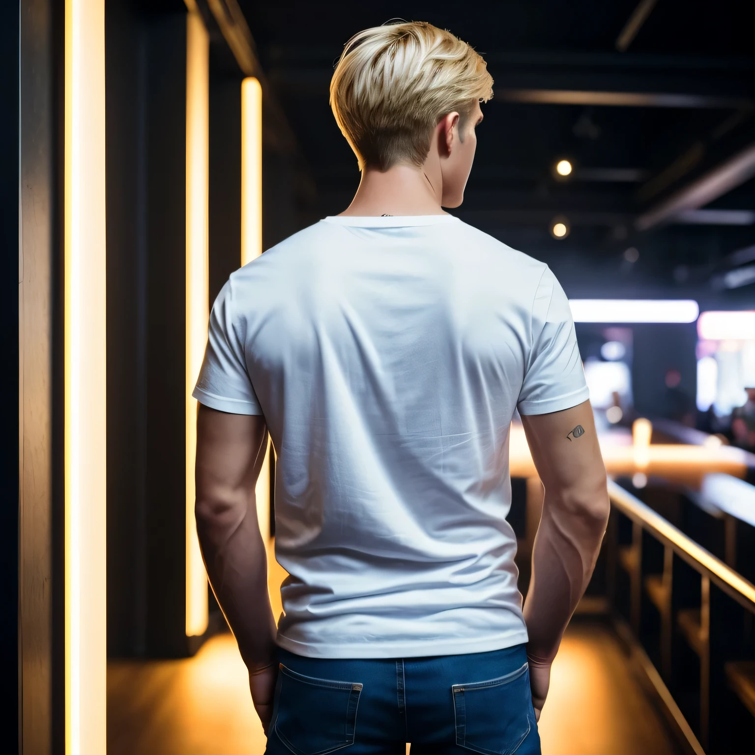 (best quality: 1.8,) realistic candid photo of a handsome young arrogant and charming man, blond of European appearance, very large build, with short hair, in a white T-shirt and denim pants, (eye detail: 1.10), cinematic lighting, he stands with his back against the background of a nightclub, the light falls on him, bright colors, 32K