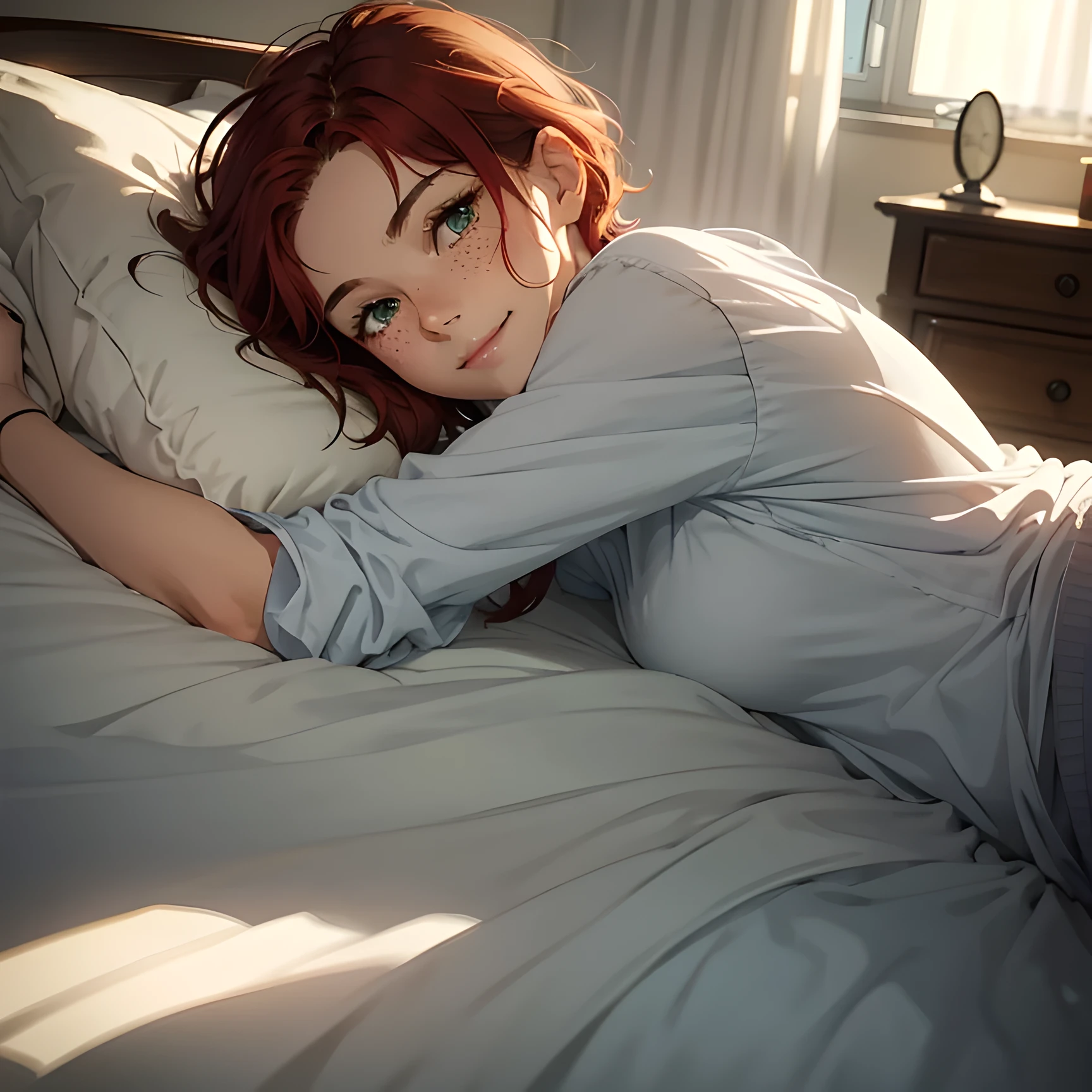 Bedroom, pov on bed, messy sheets, (beautiful 35 year old woman with short red hair and green eyes laying on her side, smiling), (disheveled hair :1.4),(infatuated look on her face), (detailed face), warm smile, very close, laying in bed arms over her head , warm beam of light, evening light, freckles, old baggy t-shirt, 1girl,