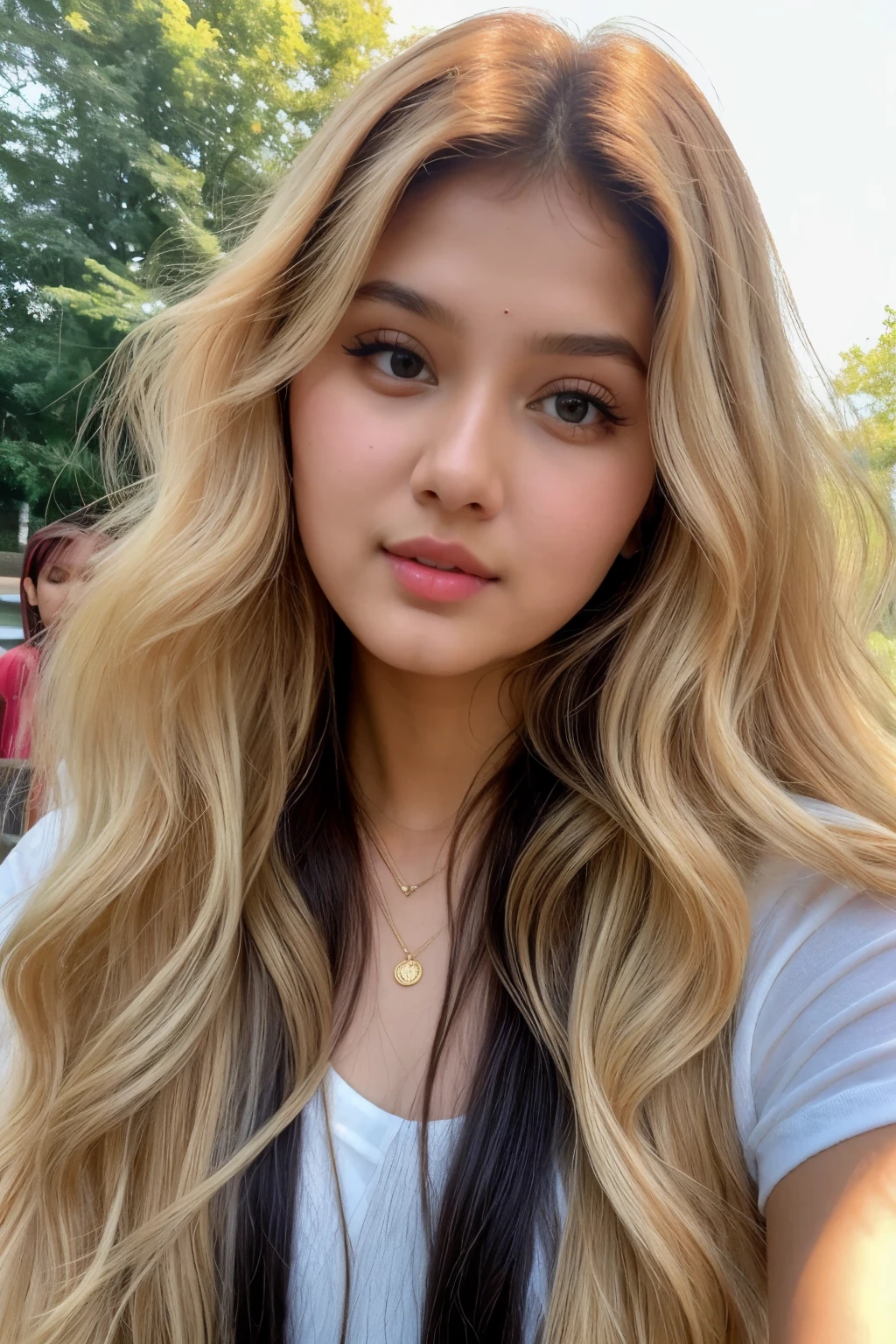 ((best quality)), ((masterpiece)), (detailed), perfect indian girl blonde skin
color texture and face , face-cut of nancy momoland , best jwellery,
black long wavy hair
