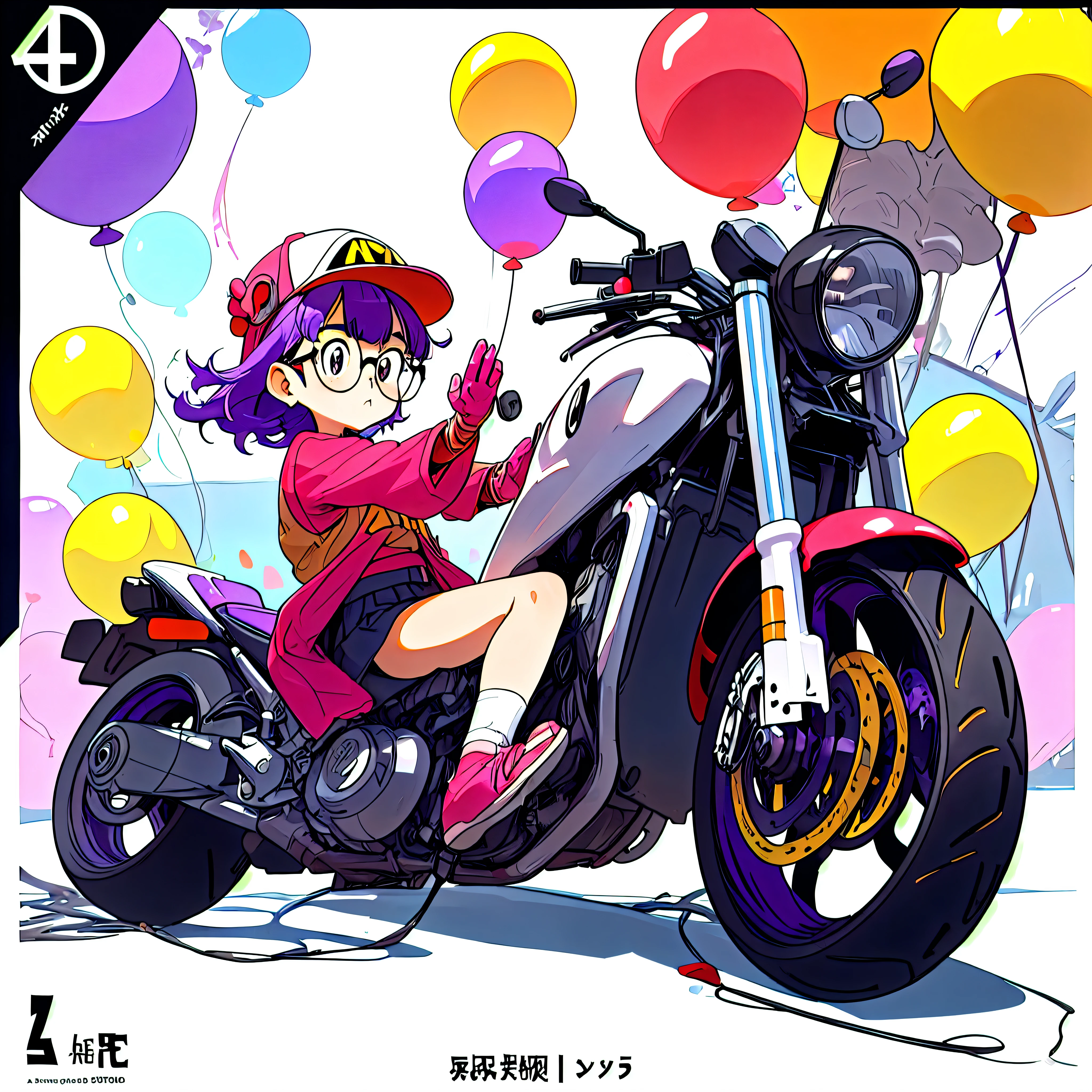 A *********** Arale（Arale），Sitting alone next to a cute motorcycle；Colorful balloons floating in the background。purple hair，red hat，Glasses；original image；（Characters conform to human anatomy，Repair of body and limbs，Coordinated body structure）Atmosphere rendering。colorful，Color coordination。Rich in details。illustration style，Japanese manga style，Original style；graphic arts，Poster cover。(masterpiece, best quality)