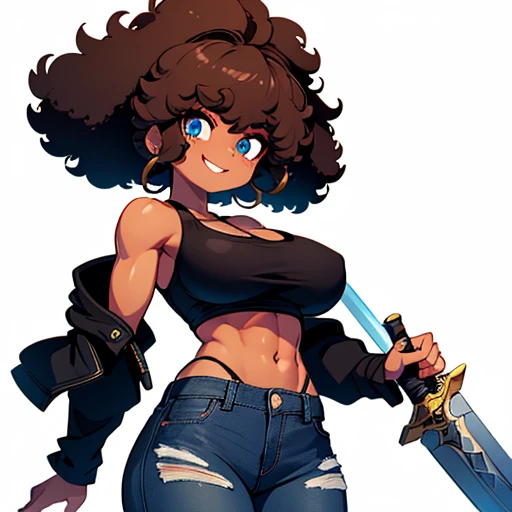 Afro girl,toned,brown skin,medium breasts, abdomen,Black jacket, afro hairstyle,, he has a giant sword,jeans,iron sword in the shoulder,blue eyes,bigbreasts smile,white background,tank top over breasts ,red eyelashes