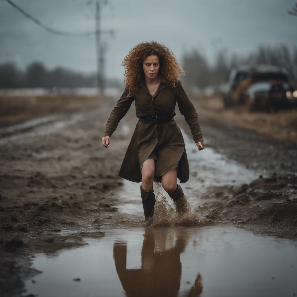 Girl with curly hair who looks strong. Stomping through a puddle in a post apocalyptic scene