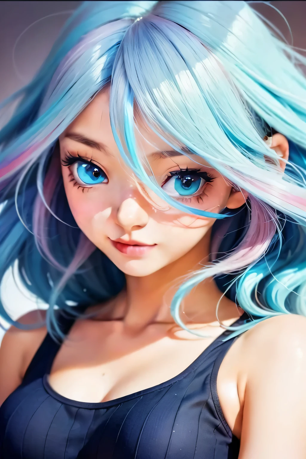 (Highest quality, Tabletop:1.2, Ultra-high resolution, Realistic:1.5), RAW Photos, One Girl, In the Dark, Deep Shadow, Low lighting, Cool tones, Captivating Gaze, Long Hair, Tied Hair, Subtle highlights, Dramatic contrast, (Dynamic Angle), ((1 female teen)), ((Plain and bright background)), ((Flat Color)),(Harajuku Street Style Fashion),(jeans), Looking at the audience, Upper Body, Transparent Background, High Contrast, Contrasting colors, Cowboy Shot, Pale pink and blue lighting, Light blue hair, Small star-shaped earrings in both ears, watch, bright eyeshadow, R-18, The belly button is visible,