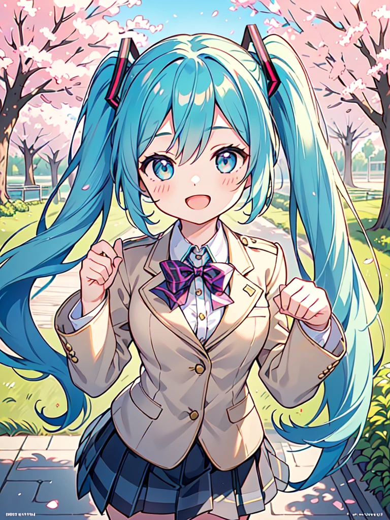 Hatsune Miku:1.8,((high school girl)), ((She wears a blazer uniform and a checked skirt.)), , ((masterpiece, highest quality, Super fine, High resolution)), anime girl, ((Super detailed illustrations:1.2)), alone, beautiful hair, shining eyes, medium breasts, big smile, open mouth, Cherry tree in full bloom, In front of the school gate