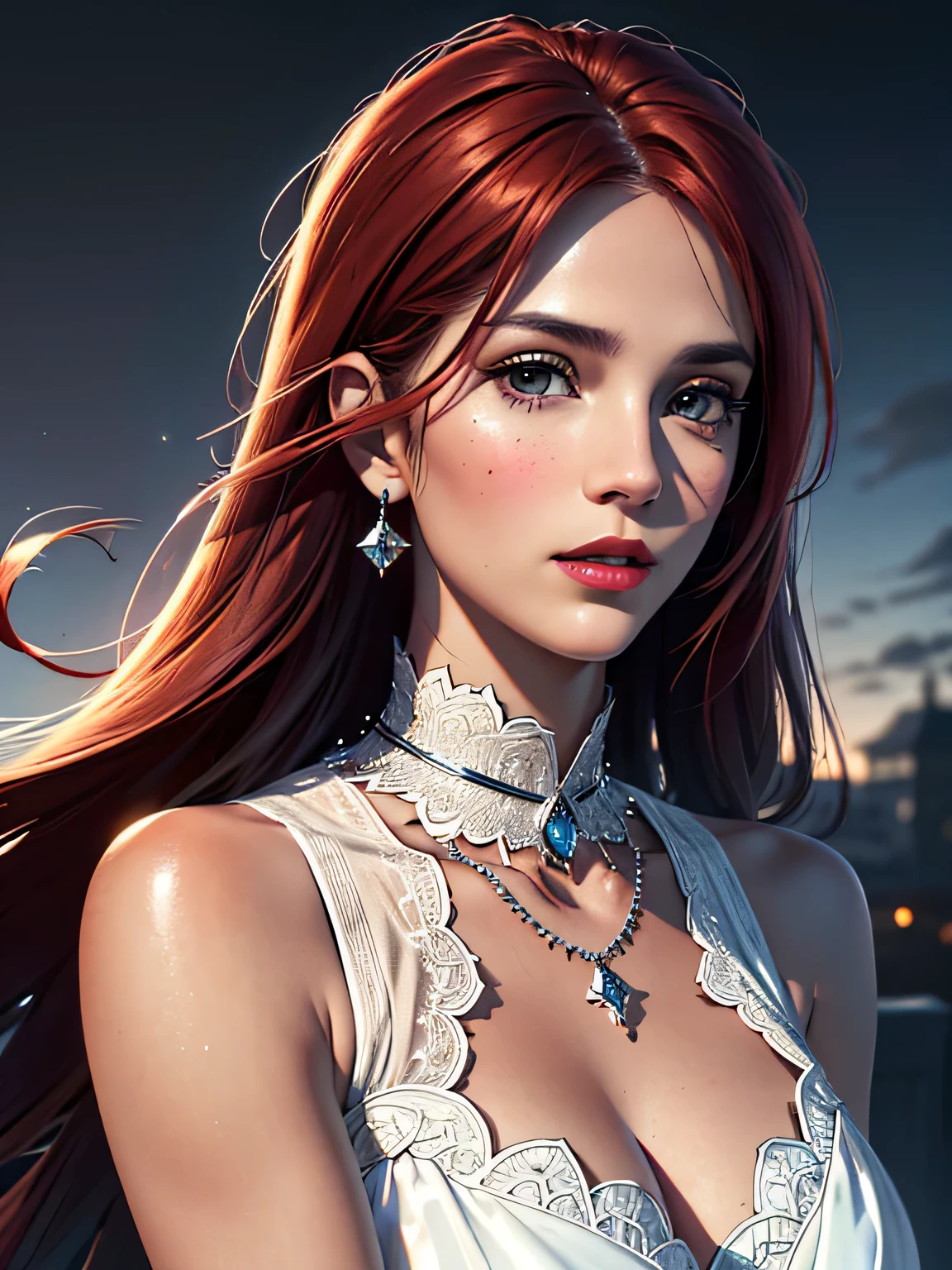 portrait shot, ((vivid red hair)), mature woman, 30 years old, diamond face, moonlight, red starry sky background, depth of field, magic, big red lips, ((dark black eyes)) black and red long and full dress, covered chest, mystical atmosphere, ominous shadows, Intense blue aura, Intense red aura (best quality:1.2), absurdres, intricate details, (highly detailed skin:1.2), smile expression, posing, taut and well defined body, attractive. Highly realistic, pale skin, beautiful, hyperrealism, skin very elaborated, direct gaze, (RAW, analogue, Nikon Z 14mm ultra-wide angle lens, award-winning glamour photograph, ((best quality)), ((masterpiece)), ((realistic)), skin pores, subsurface scattering, high-res, detailed facial features, high detail, sharp focus, smooth, aesthetic, extremely detailed, (extremely detailed eyes, extremely detailed iris), extremely detailed hair, extremely detailed skin, extremely detailed clothes, octane render, photorealistic, realistic, post-processing, max detail, realistic shadows, roughness, natural skin texture, real life, ultra-realistic, photorealism, photography, 8k UHD, photography, hdr, intricate, elegant, highly detailed, sharp focus, stunning, beautiful, gorgeous), realistic, masterpiece, highest quality, movie still, cloud girl, floating in the sky, (close-up:1.1), medium breast, bright, happy, fun, soft lighting,