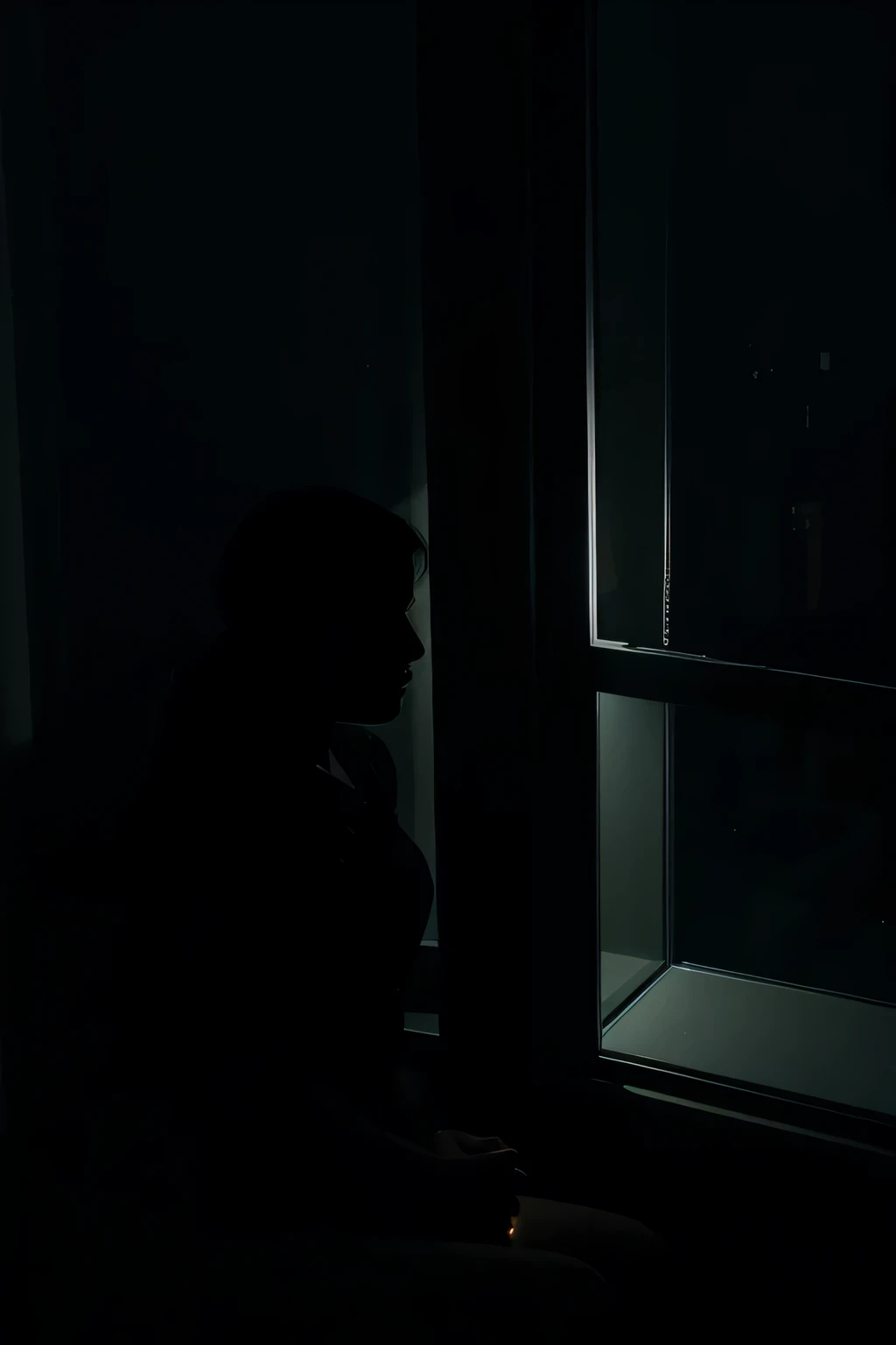 dark room, shadow of figure sitting, looking outside the window, night, shadows