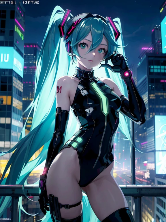 top-quality))、((​masterpiece)、cyberpunked miku、Electronic visor attached to the face of a 12-year-old hatsune miku, looking out at the city from the roof of a building、Cyberpunk Fashion、Sexy Posing、Exposed skin、Breasts enlarged、Neon lights in dark city at night