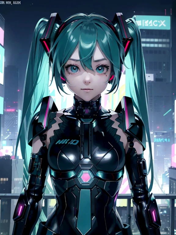 top-quality))、((​masterpiece)、cyberpunked miku、Electronic visor attached to the face of a 12-year-old hatsune miku, looking out at the city from the roof of a building、Cyberpunk Fashion、Sexy Posing、Exposed skin、Breasts enlarged、Neon lights in dark city at night