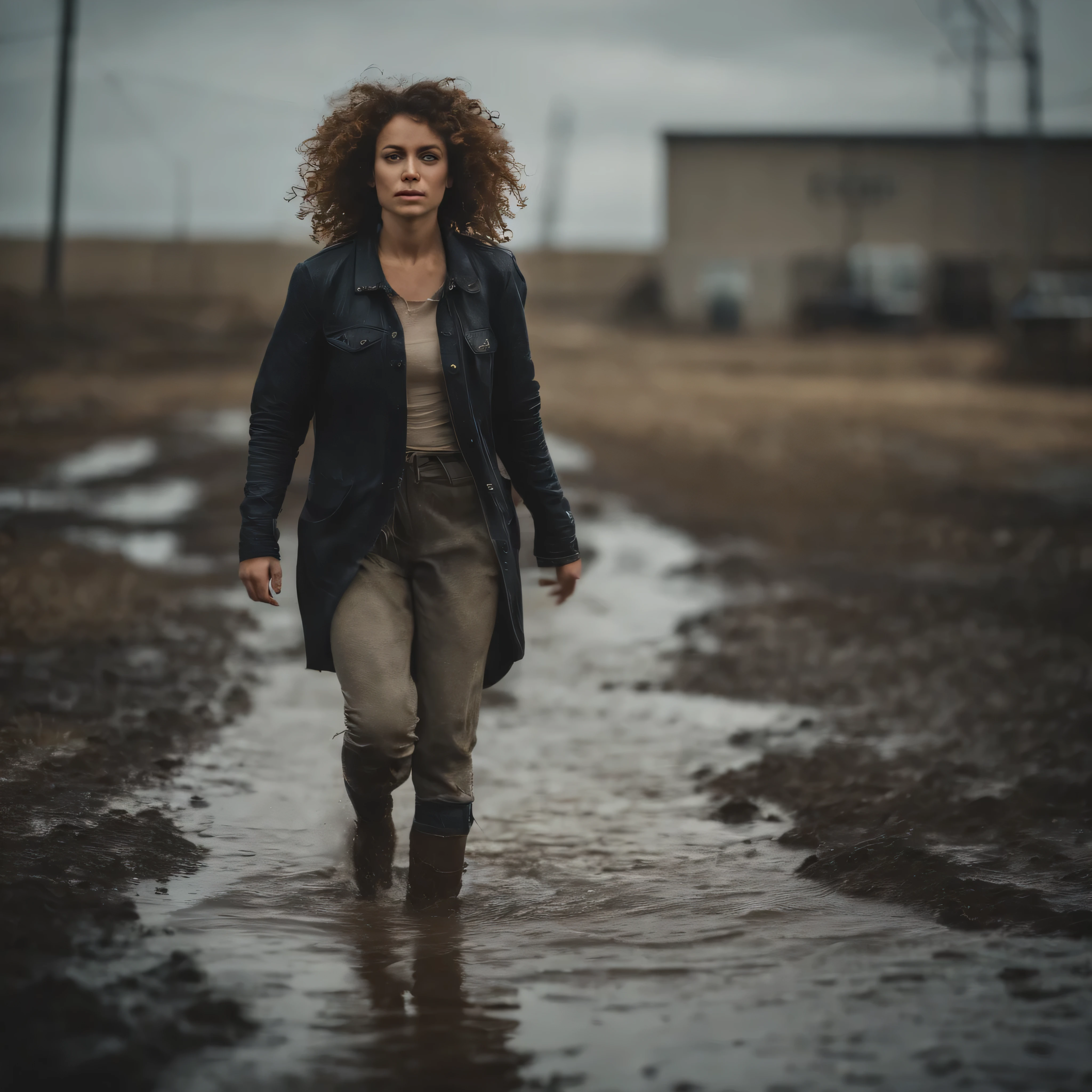 Girl with curly hair who looks strong. Stomping through a puddle in a post apocalyptic scene