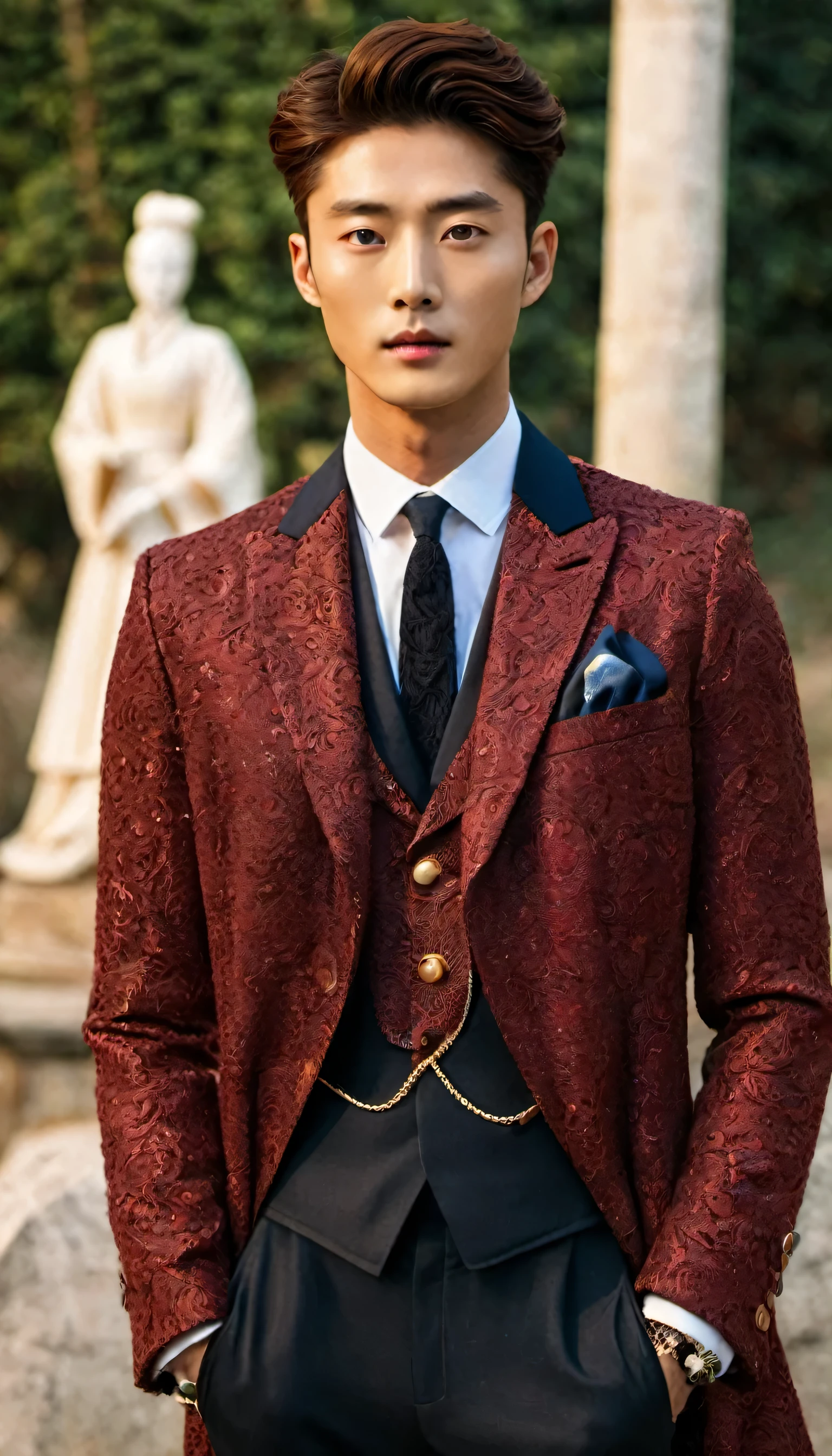 A imagem retrata um Korean jovem e bonito, com olhos gentis, vestindo uma jaqueta luxuosa com capuz. He is pictured in close-up, parecendo um mago ou personagem de fantasia masculino, with a strong and elegant expression. The man is depicted in a refined pose, with a dandy style and a slender shape. Ele lembra o ator Park Seo Joon, Known for its beauty and elegance. Photography is a work of fantasy conceptual art, with a Victorian England background and dramatic lighting. The man poses next to male statues, evoking an environment of elegance and sophistication. The image captures the essence of men's fashion and art, com detalhes realistas e uma qualidade excepcional.