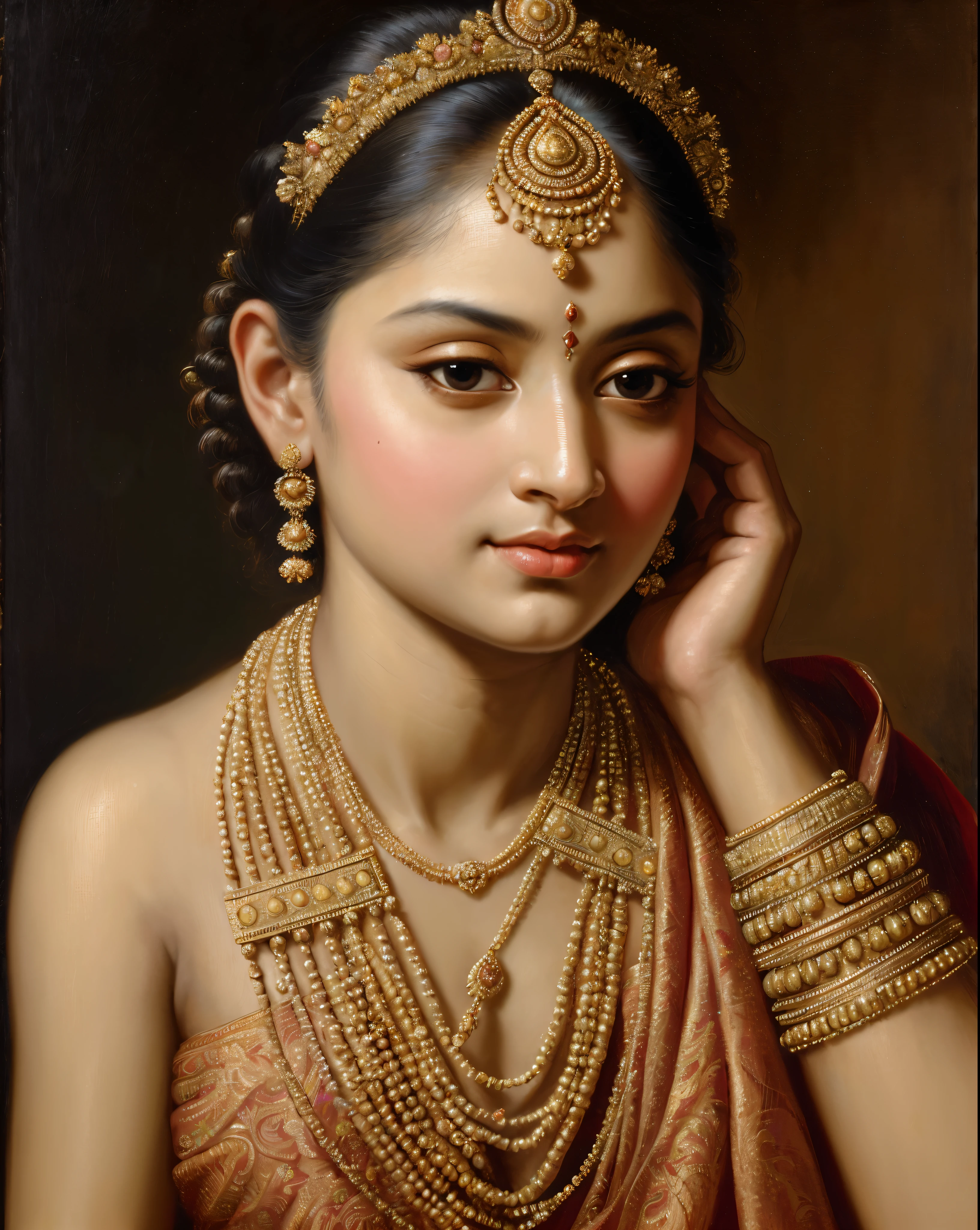 Beautiful Indian Woman, wearing saree, sari Beauty, gorgeous, Apsara, Maharani, royal queen woman, nymph from Hindu Mythology, Urvashi, matchless beauty, Highly detailed, Oil Painting by Peter Paul Rubens inspired by Raja Ravi Varma, Matchless beauty, captivating, gorgeous, heavenly beauty, celestial beauty, by Peter Paul Rubens, 13, realistic, hyper realistic, micro details, incredible artwork, insane details, ultra High resolution, 8k, 32k, acrylic on canvas, intricate, flawless, detailed, detailed face, detailed eyes, masterpiece, by Peter Paul Rubens, by Caravaggio, by William Adolphe bouguereau, perfect face, perfect body, beautiful art, realism, baroque, renaissance Art, highly textured, beautiful and detailed eyes, uhd, best quality,
