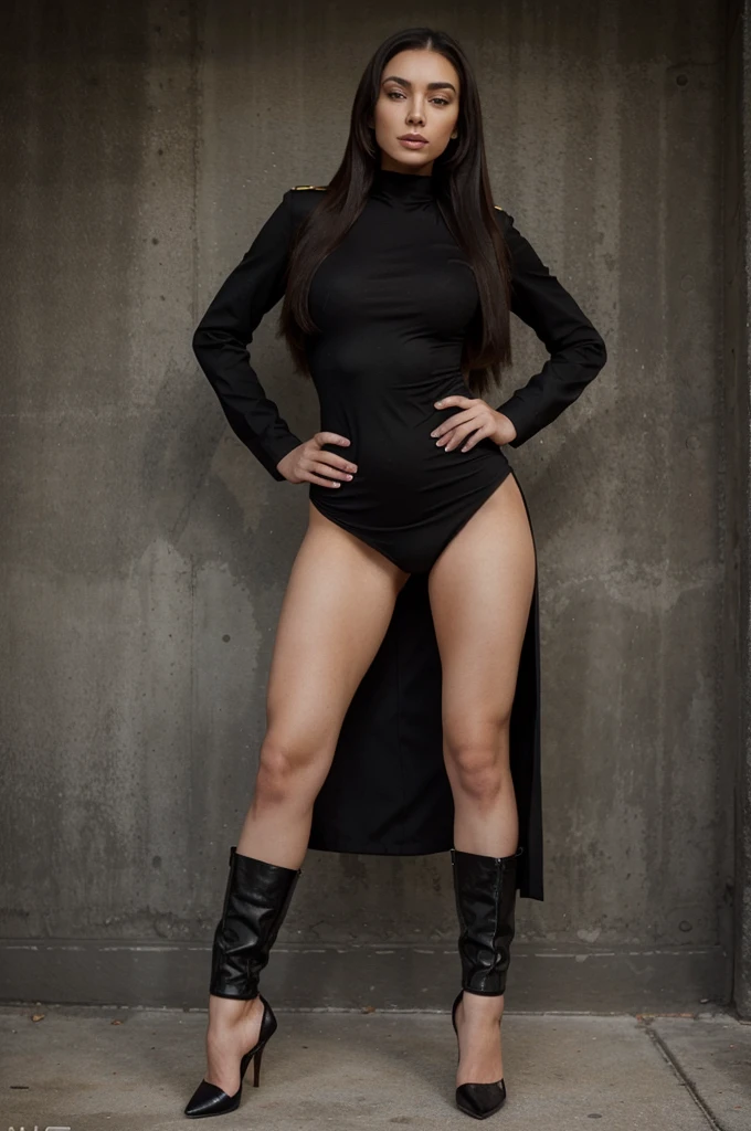 one beautiful woman, (wearing: black streppy stilettos), (wearing: military uniform), full body view, slim body, extrem long hair,
