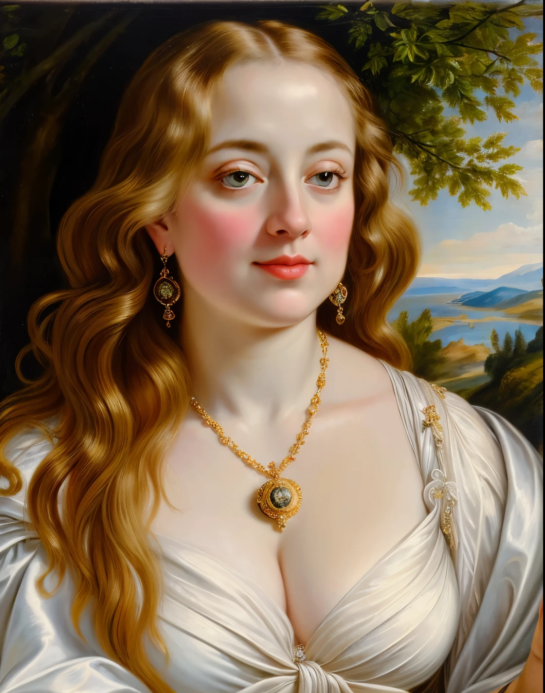 Original Character, ethereal beauty, aesthetic, Masterpiece, Beautiful Middle aged Woman, fleshy figure, thick figure, Full figured lady, middle aged beautiful woman, Best quality, high clarity eyes, critically flawless,sharp picture, styled hair, long hair, fluffy hair, Full portrait, High pixels, perfect face, perfect eyes, beautiful face, perfect hands,perfect fingers, in Peter Paul Rubens style, by Peter Paul Rubens, baroque style, acrylic on canvas, highly detailed, description: "Create a nymph inspired by the tales of Greek or Roman mythology, embodying the essence of a natural element or location, and possessing a unique ability or trait that sets her apart."