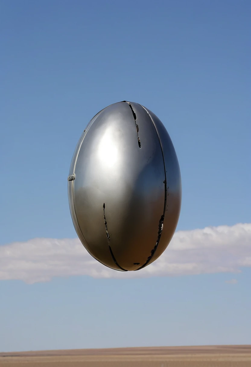 un objet volant, ovoid shaped, metal color, piloté par une IA est stationnaire au dessus d un désert parcouru par des vents violents sur une brûlante planète lointaine dans un ciel nuageux parcouru de violents eclairs de foudre .