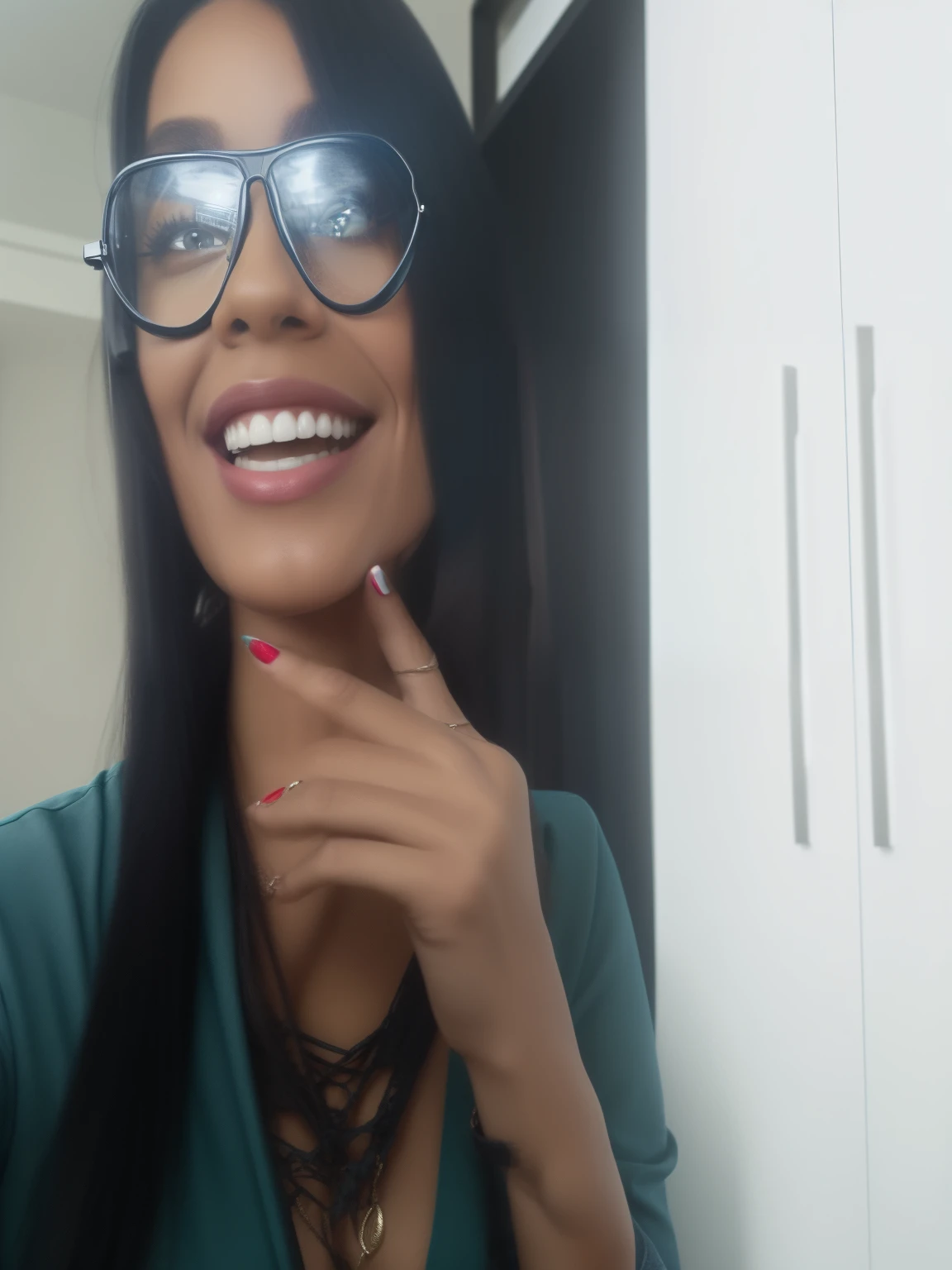 mulher negra 40 anos,oculos preto quadrado, sorriso largo,blusa branca,dark blue jeans,magra,cabelo longos negros.