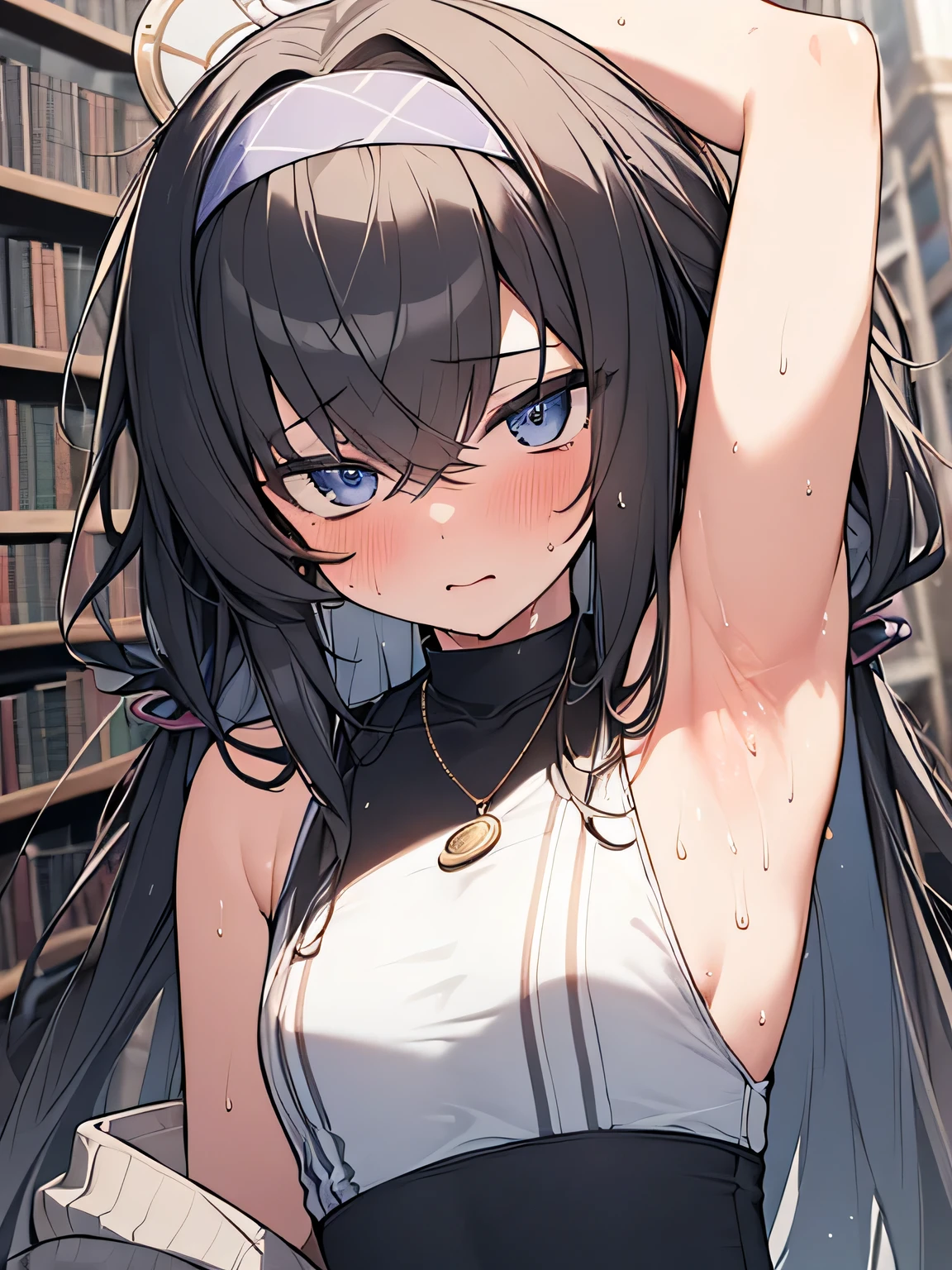 (Ultra Real), (Illustration), (High Resolution), (8K), (Very Detailed), (Best Illustration), (Beautiful Detailed Eyes), (Best Quality), (Super Detailed), (Masterpiece), (Wallpaper), (Detailed Face), Solo, (Dynamic Pose, 1girl,Cute, blush, small breasts⁩, Center division, arm up, armpits, sweat, show armpits. Library. Library background