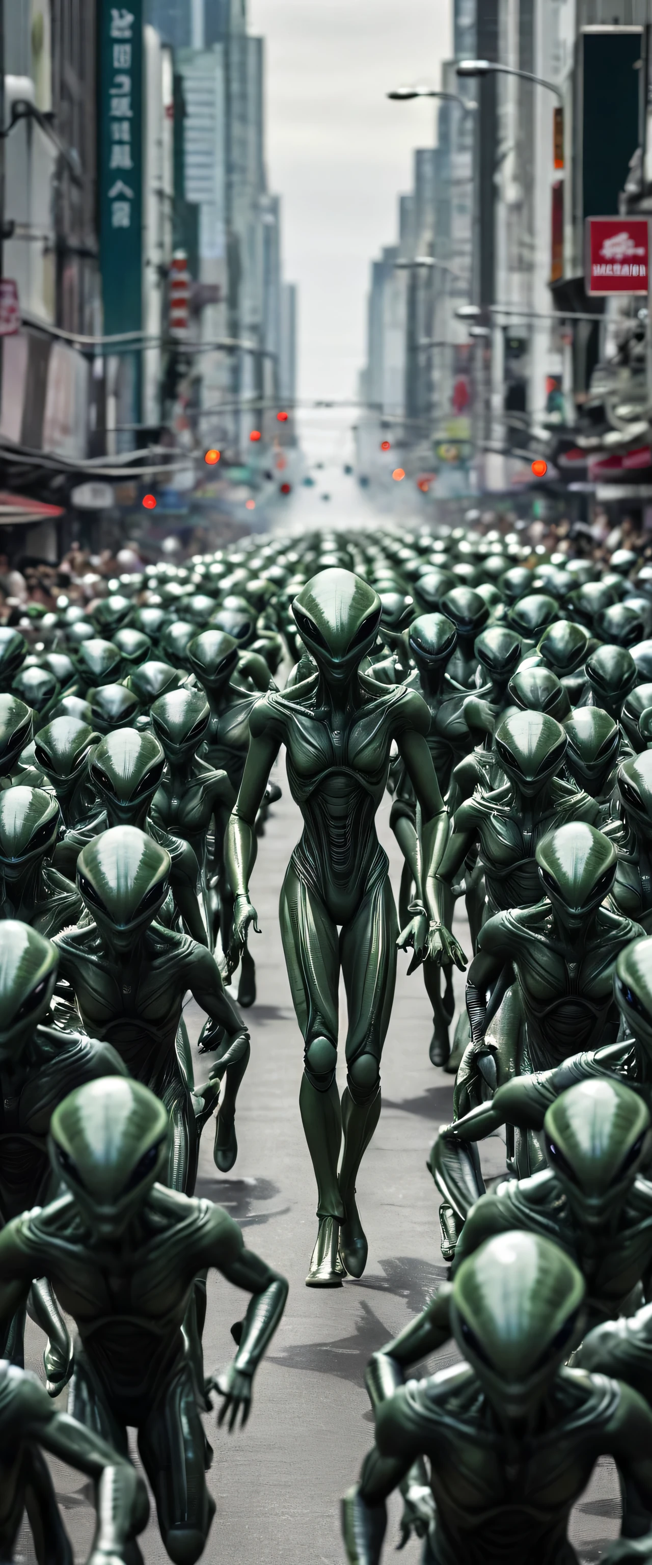 The scene shows the extent of alien rule. The camera follows a group of aliens as they march through the city, highlighting their intimidating presence. Humans are seen cowering or scurrying away, illustrating the fear that pervades society.