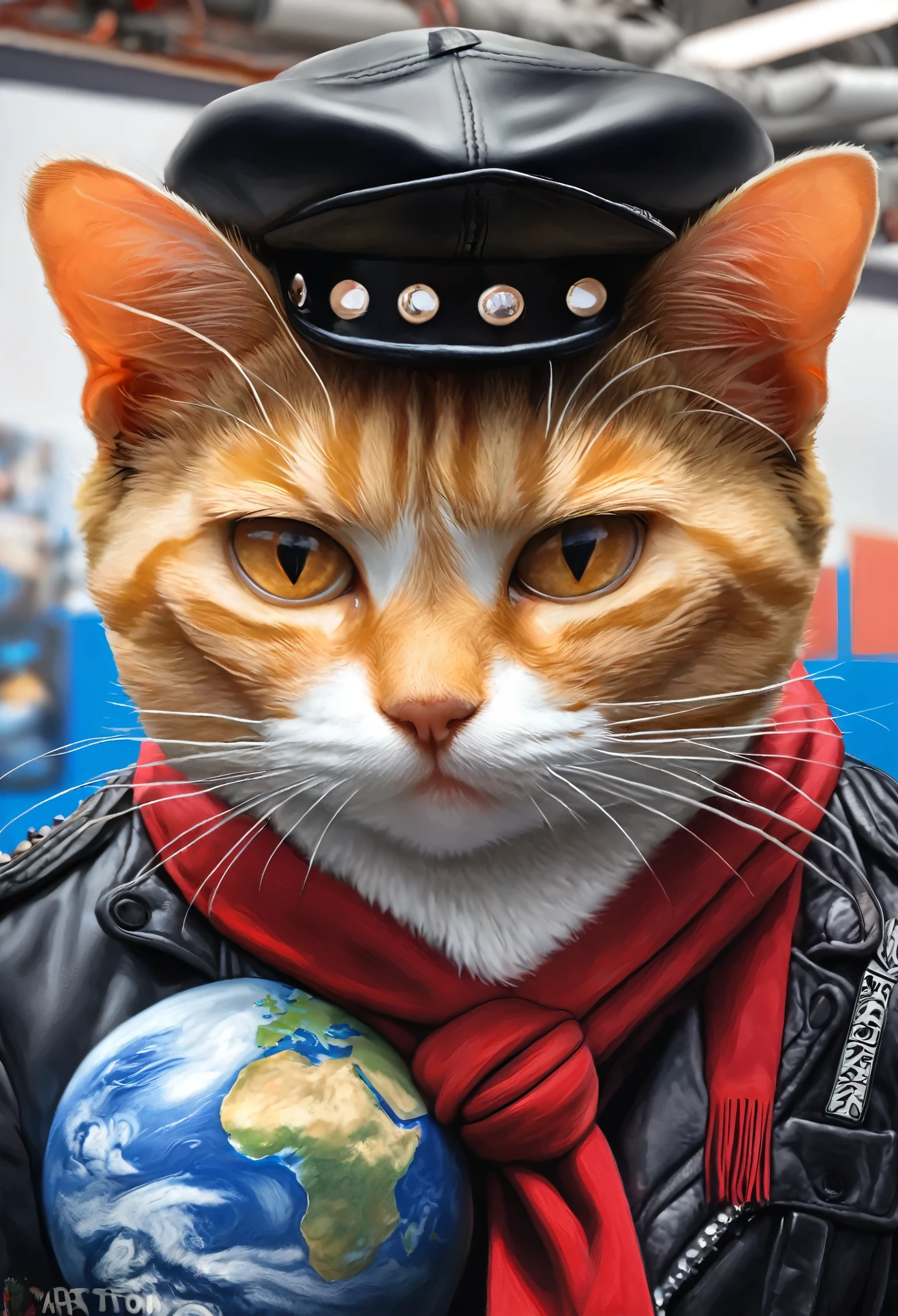 a painting of a cat wearing a hat and scarf, trending in the art station, dressed in punk clothes, detailed hyper realistic rendering, british gang member, street style, intimidating pose, planet of the cats, clothes with fashion, urban samurai, meow, west slavic features, 8 1 5