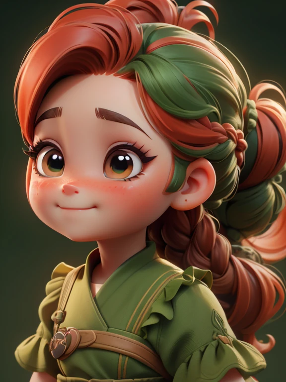 Close-up of portrait of 1 girl,facial close-up,red hair,green dress, correct anatomy,braided ponytail, UHD, masterpiece, high details, highres, 8k,((outdoor background)),detailed background,((cute chibi style)),long eyelashes and rosy cheeks,Happy,from side,Character side
