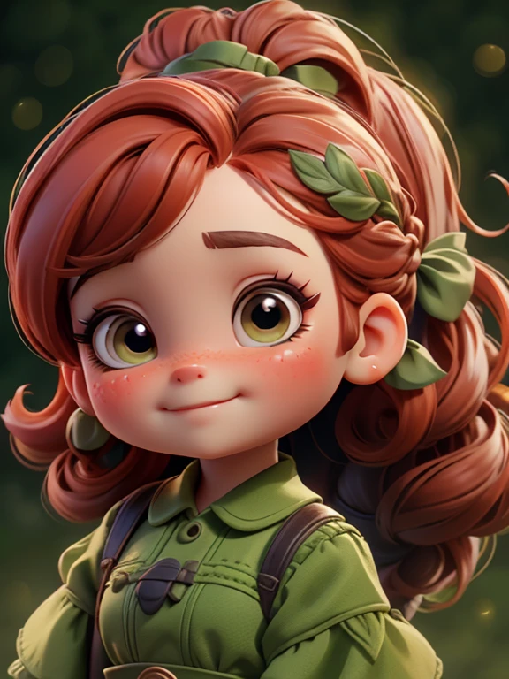 Close-up of portrait of 1 girl,facial close-up,red hair,green dress, correct anatomy,braided ponytail, UHD, masterpiece, high details, highres, 8k,((outdoor background)),detailed background,((cute chibi style)),long eyelashes and rosy cheeks,Happy,from side,Character side