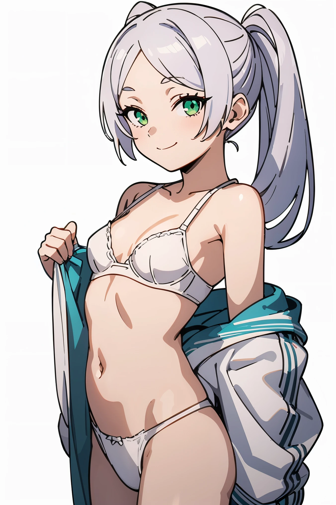 (Best Quality, Masterpiece),sexy,  erotic, 1girl, 18 years old, Contempt, pride, silver hair, 2 ponytails, ((white bra)), white panties, (((small breasts))), white background, ((cowboy shot)), ((proud smile)), looking at viewer, (green eyes)