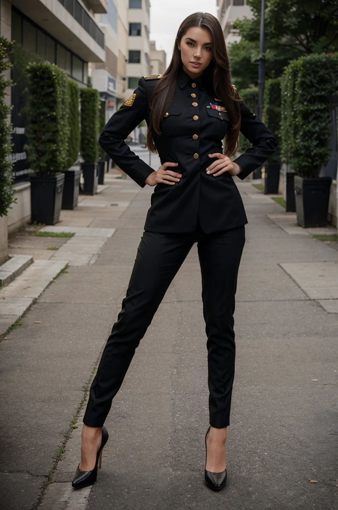 one beautiful woman, stilettos, military uniform, full body view, extrem long hair,