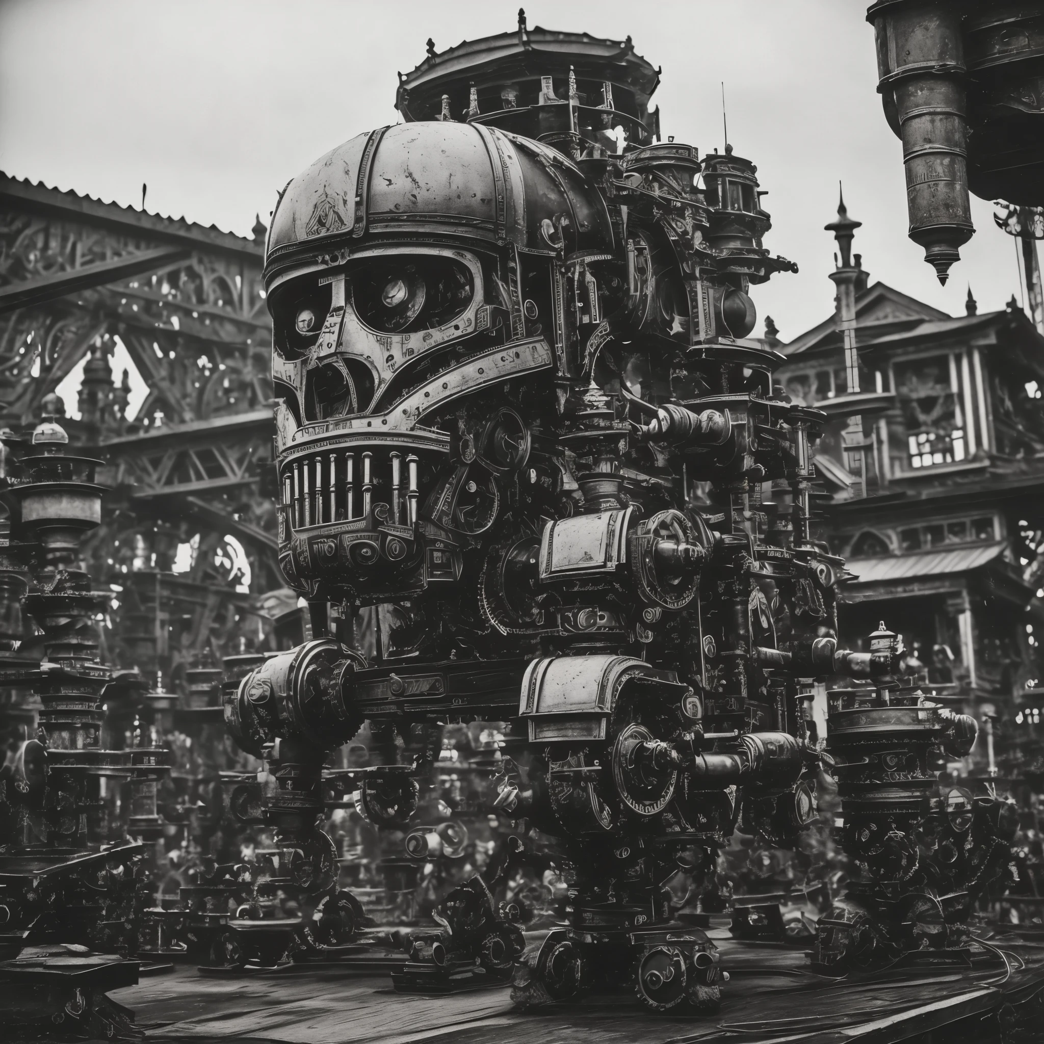 (Vintage b/w photo, a lot of imperfections), scratches, uneven vignette, imperfect sharpness. Outdoor shot of The Russian Emperor and his entourage near a half-disassembled steampunk giant humanoid robot (biomechanoid).The background for the group photo is the open chest of the mechanical monster, detailed abundance of pipes, gears, rough metal. Biomechanoid's head against the sky Photo taken in 1856, All-Russian Industrial Fair, pavilion "Tula Svyatogor-gatyr".