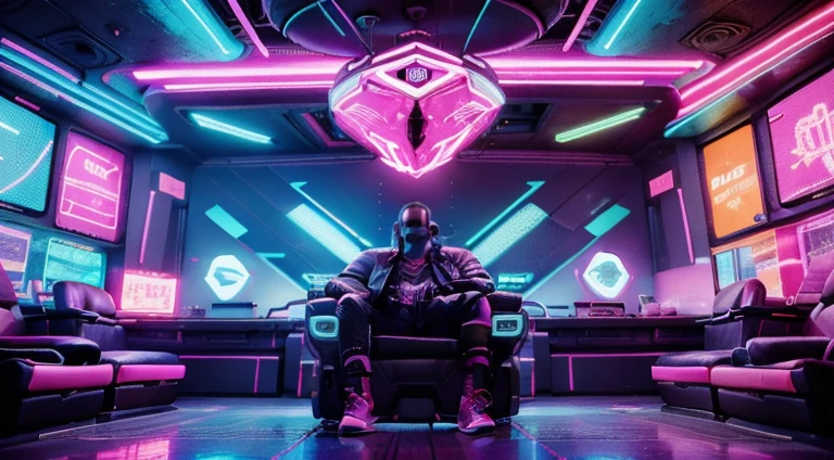 man sitting in a chair in front of a neon-lit room, cyberpunk art style, dreamy colorful cyberpunk colors, cyberpunk, synthwave art style, in a futuristic arena, cyberpunk, bright colors, cyberpunk setting, cyberpunk setting, Arstancia and Beeple high, [ 4 k synthwave art style ]!!, hybrid mix of Beeple style