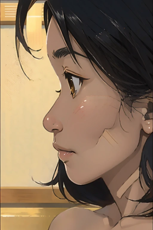 Risa, black haired japanese girl, sitting nude in shower, ((small breasts)), cute, beautiful, realistic style, highly detailed, 4k, looking to right, (((face profile close-up))), ((golden ratio, center frame)), (((RISA))), ((NUDE)), ((looking to the right))